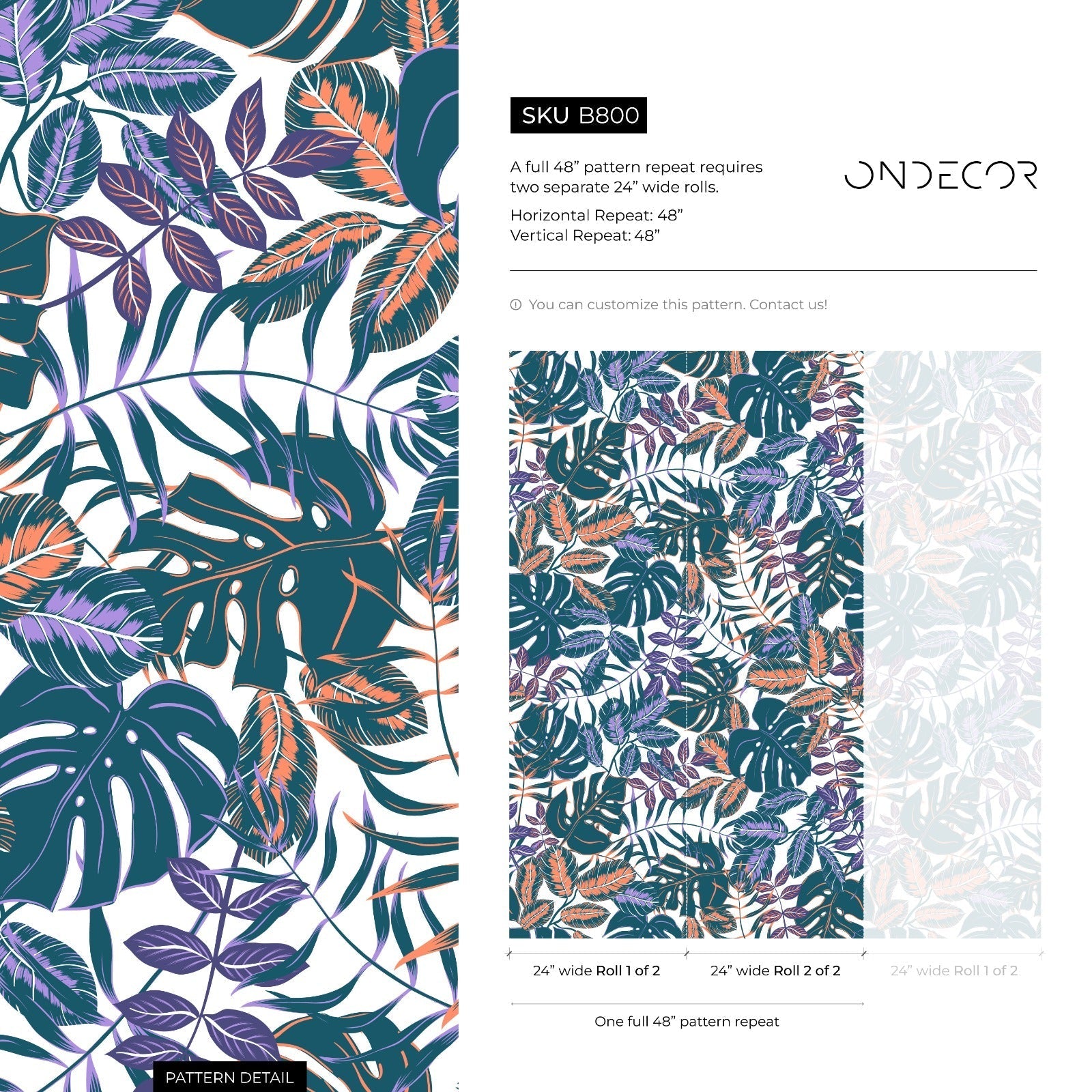 Tropical Wallpaper With Monstera Leaves In Teal, Purple, And Orange - B800