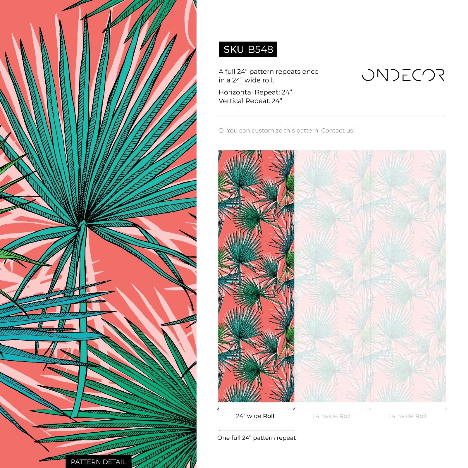 Tropical Wallpaper With Fan Palm Leaves In Coral, Green, And Teal - B548