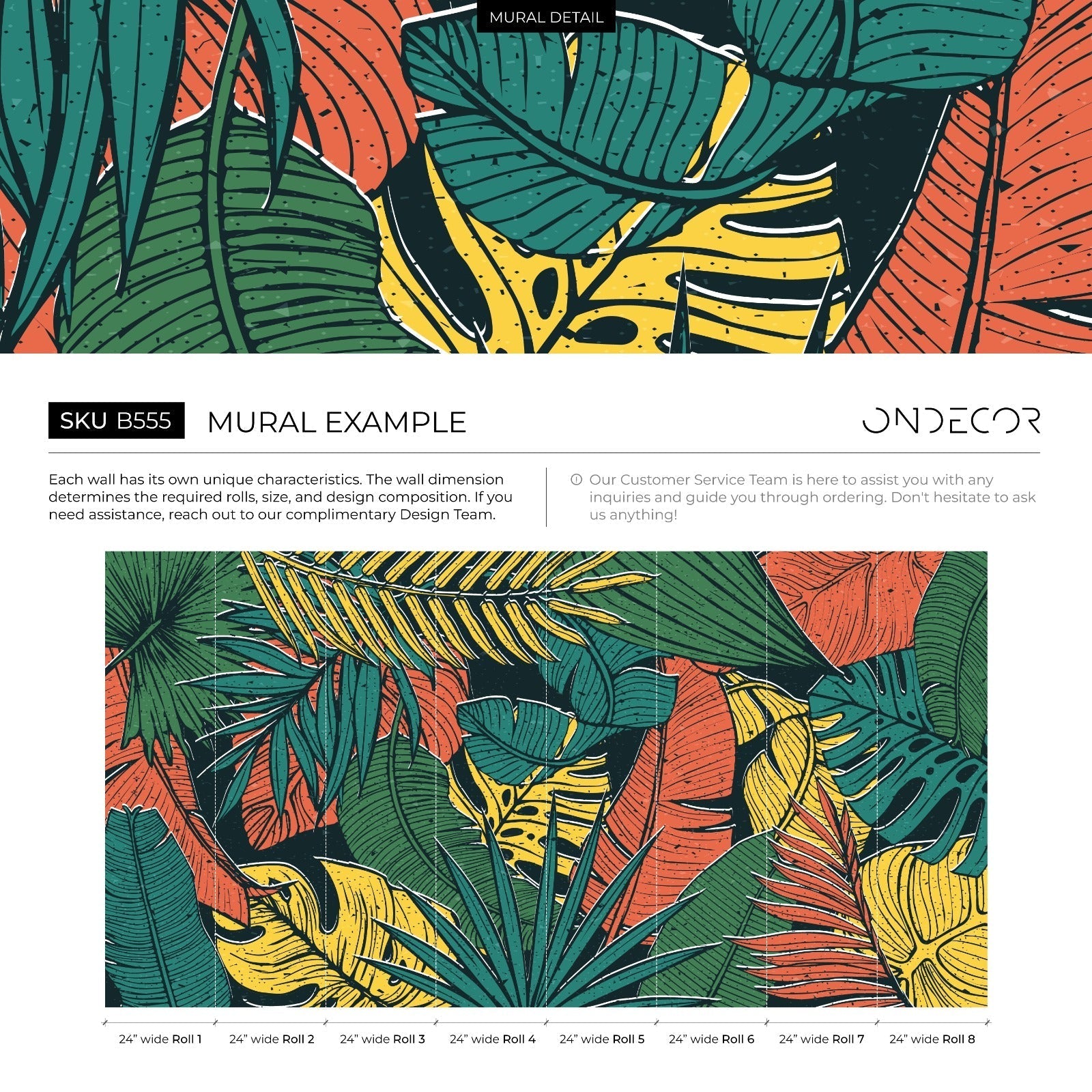 Tropical Wallpaper With A Bold Jungle Leaf Motif In Green, Yellow, And Orange - B555