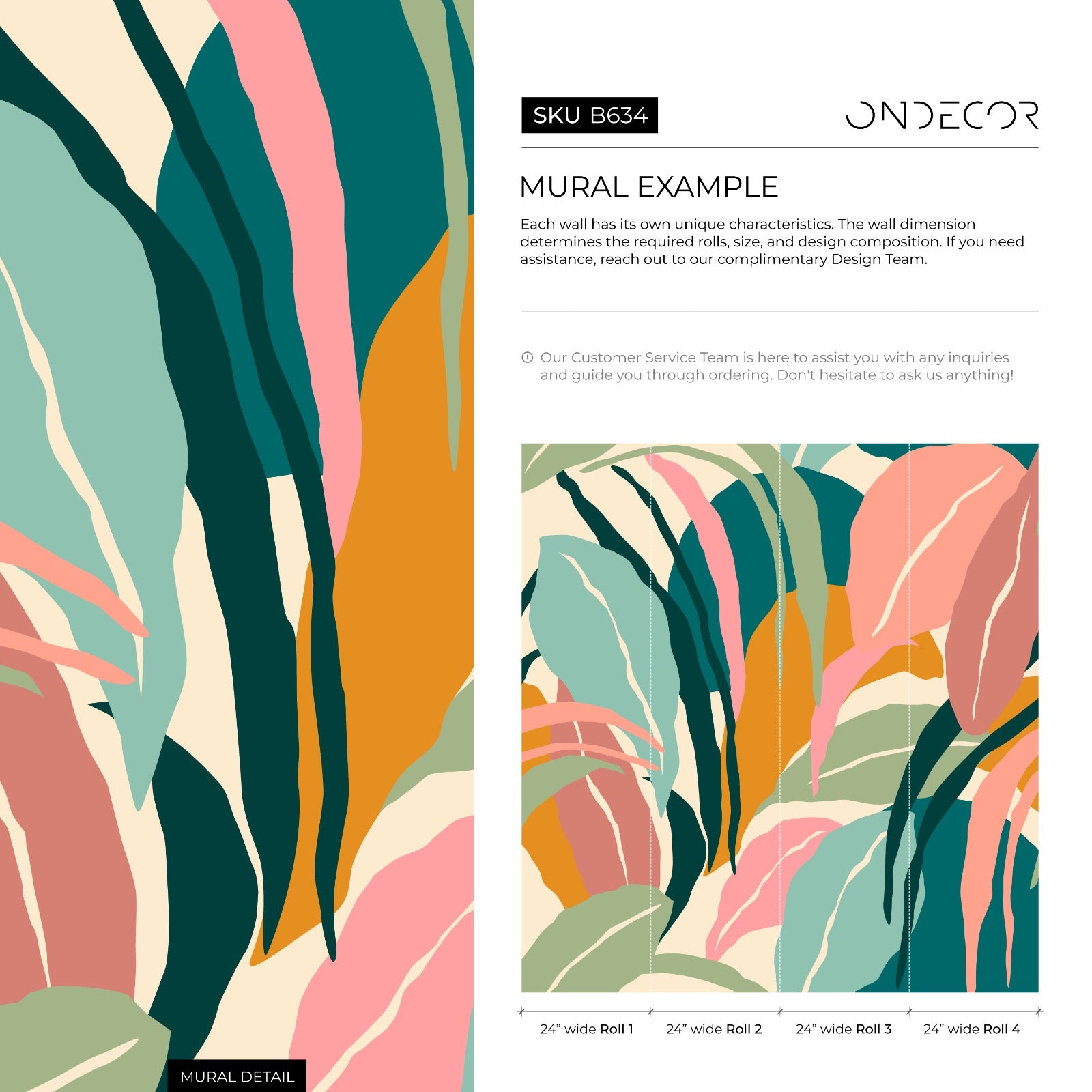 Botanical Wallpaper With An Abstract Tropical Leaf Motif In Teal, Pink, And Ochre - B634