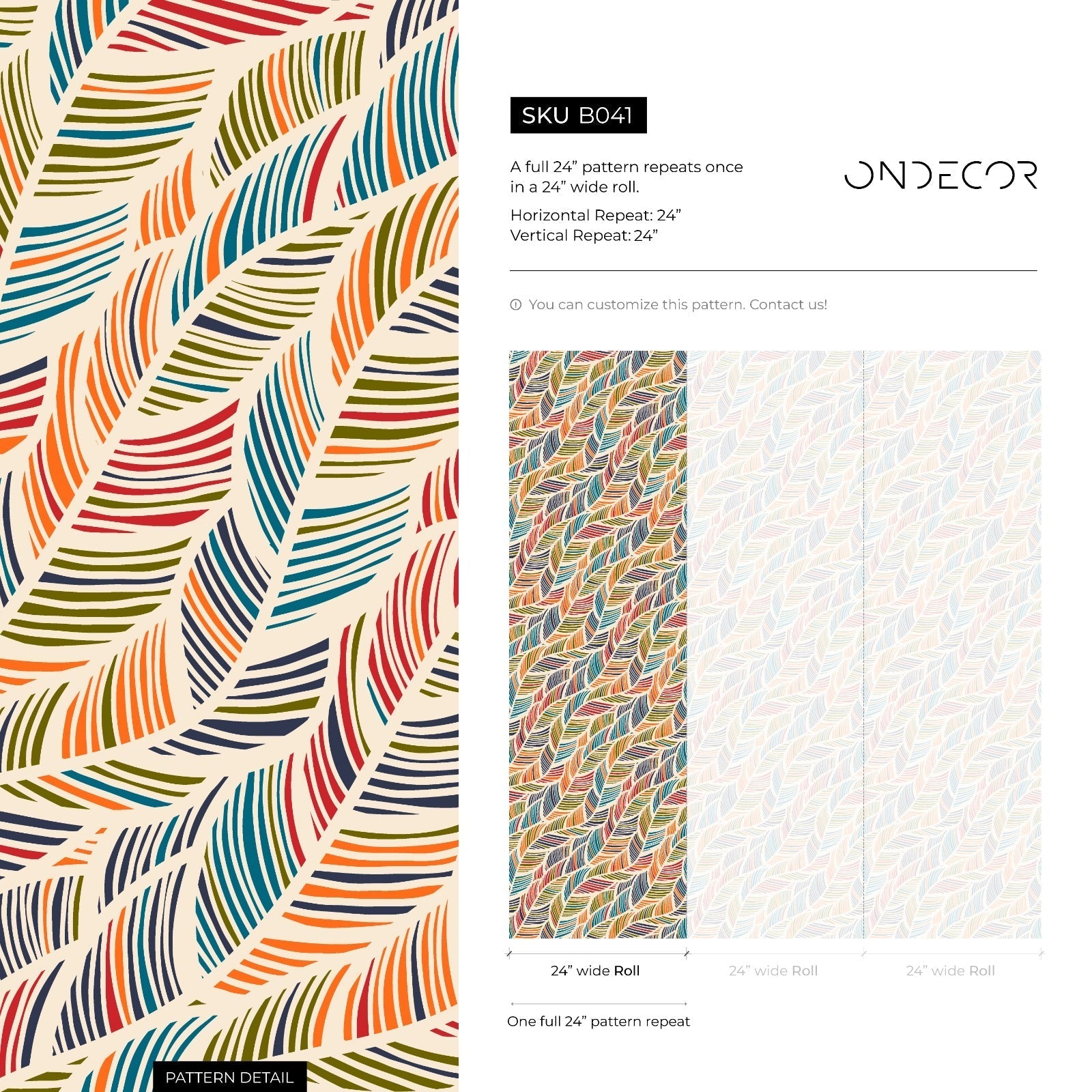 Scandinavian Wallpaper With Flowing Striped Leaves In Red, Blue, And Orange - B041