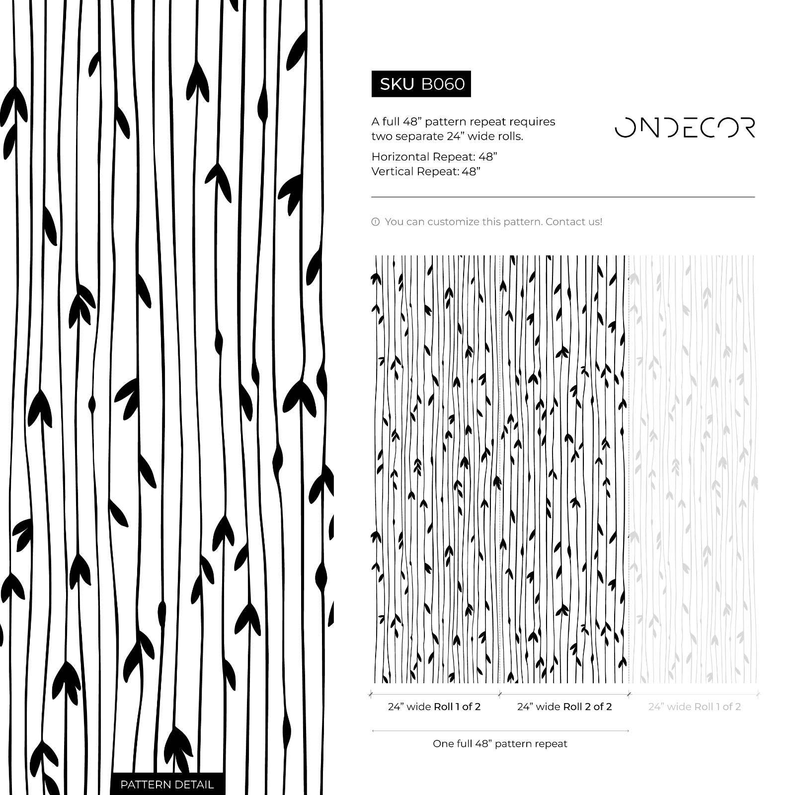 Scandinavian Wallpaper With Hand-drawn Leafy Stems In Black And White - B060