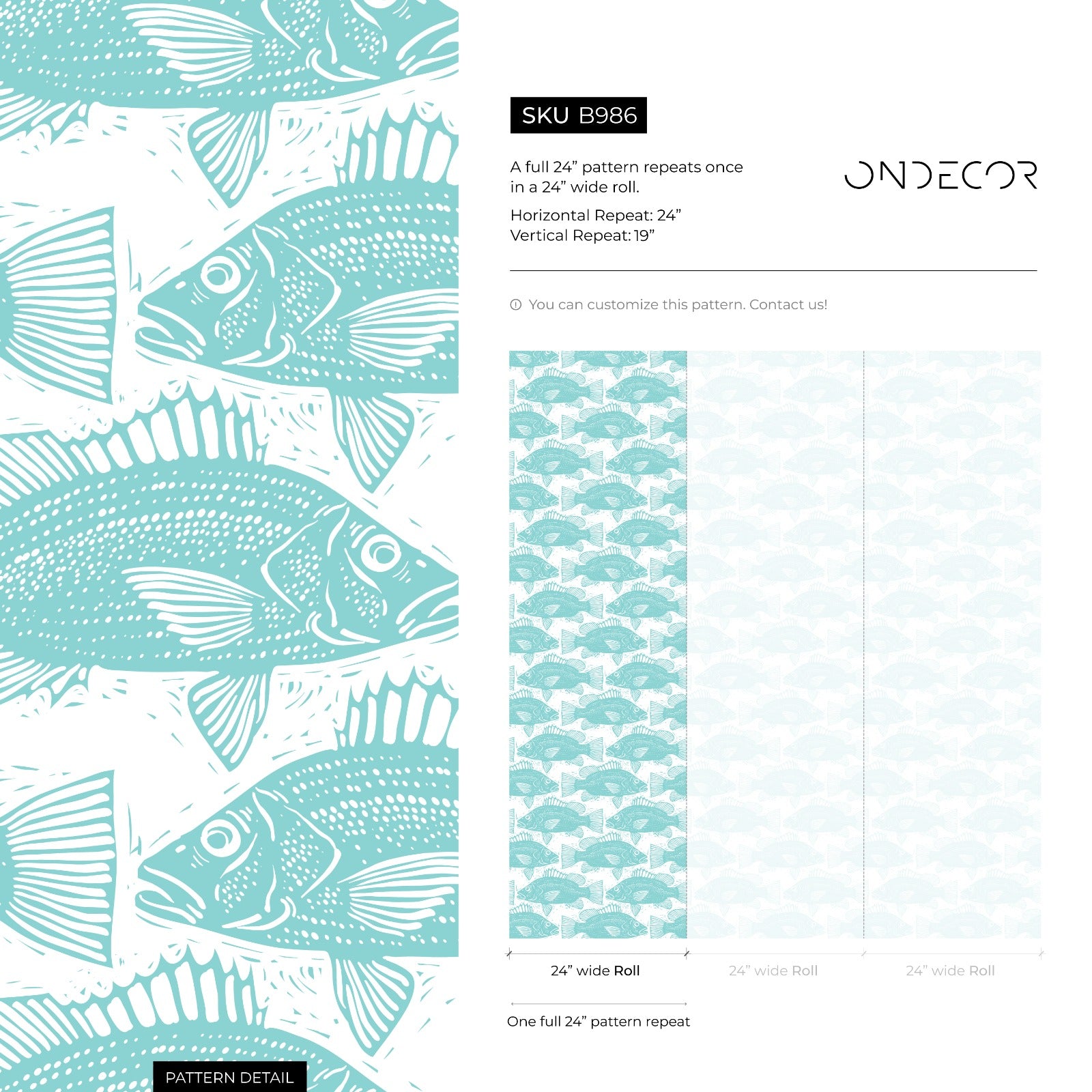 Coastal Wallpaper With A Block Print Fish Motif In Teal - B986