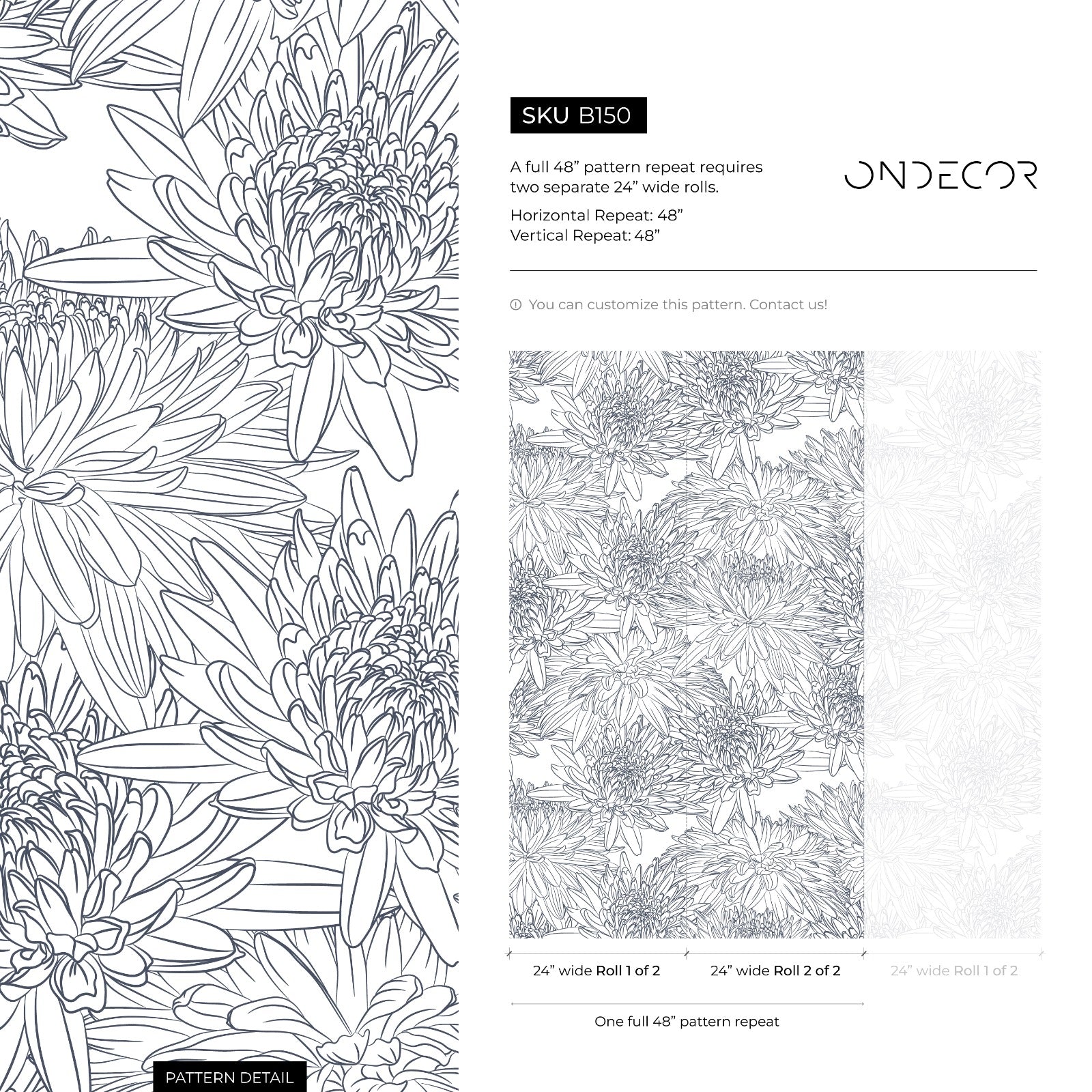 Floral Wallpaper With Hand-drawn Chrysanthemums In Blue - B150