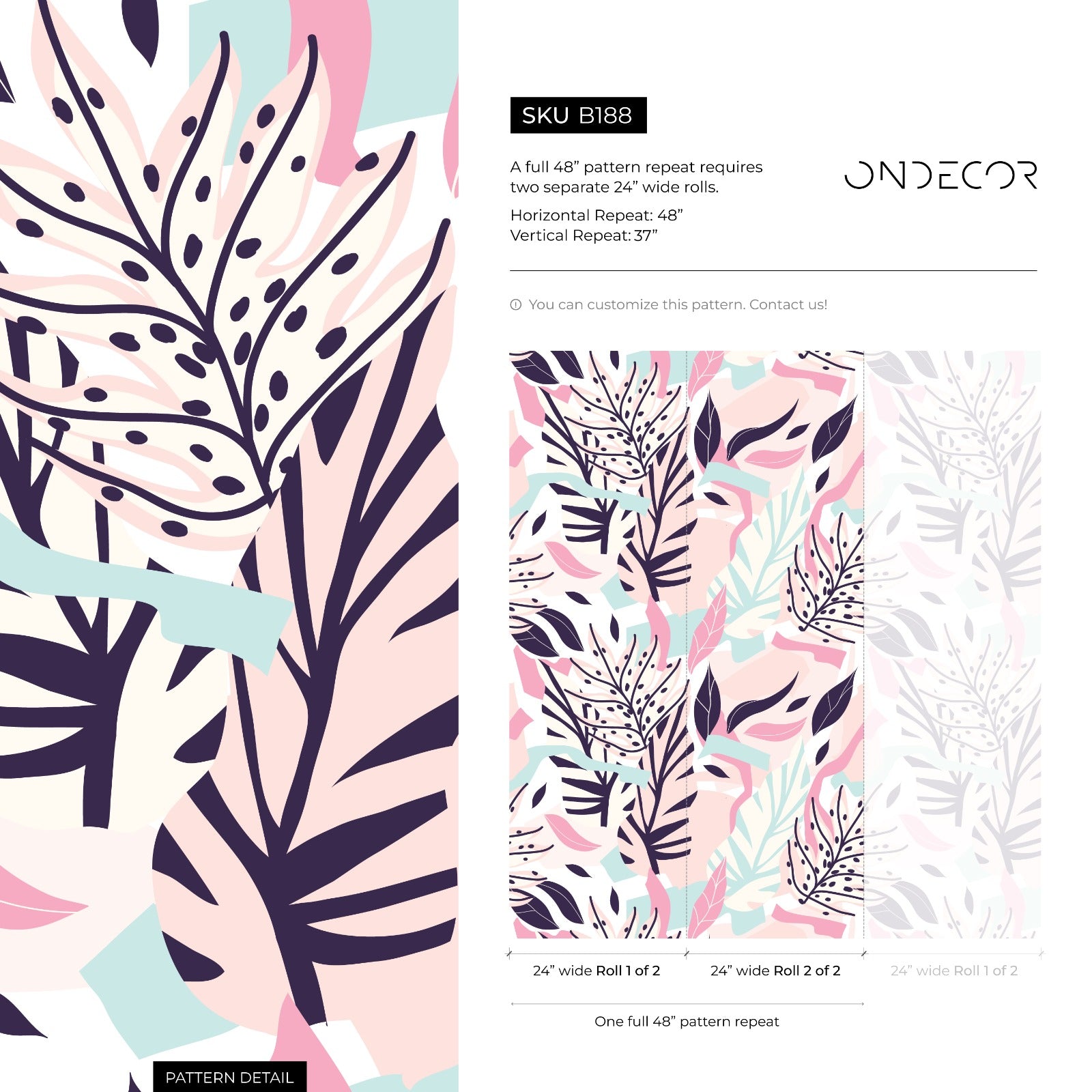 Botanical Wallpaper With Stylized Leaves In Pink, Blue, And Purple - B188
