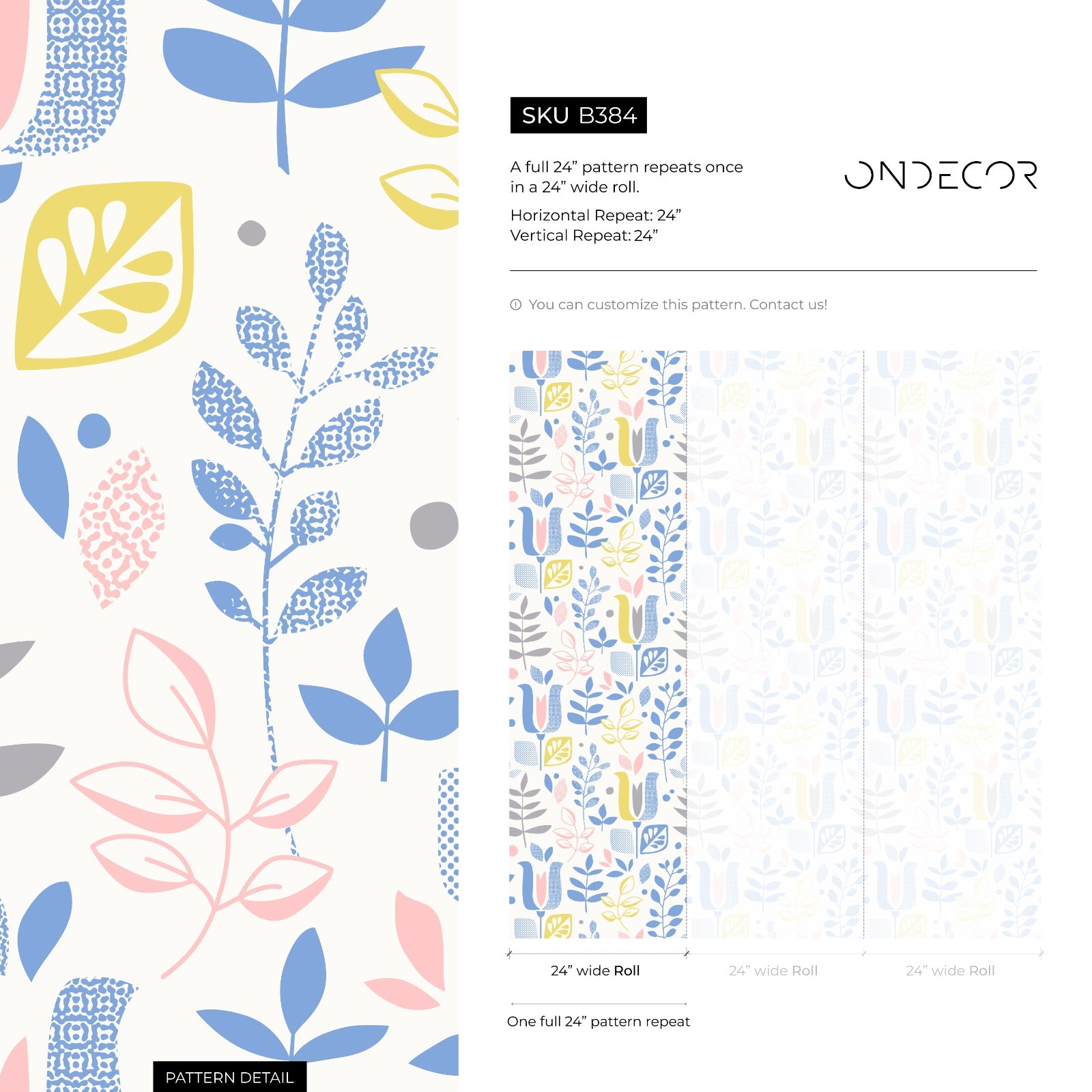 Scandinavian Wallpaper Featuring Abstract Leaves In Blue, Yellow, And Pink - B384