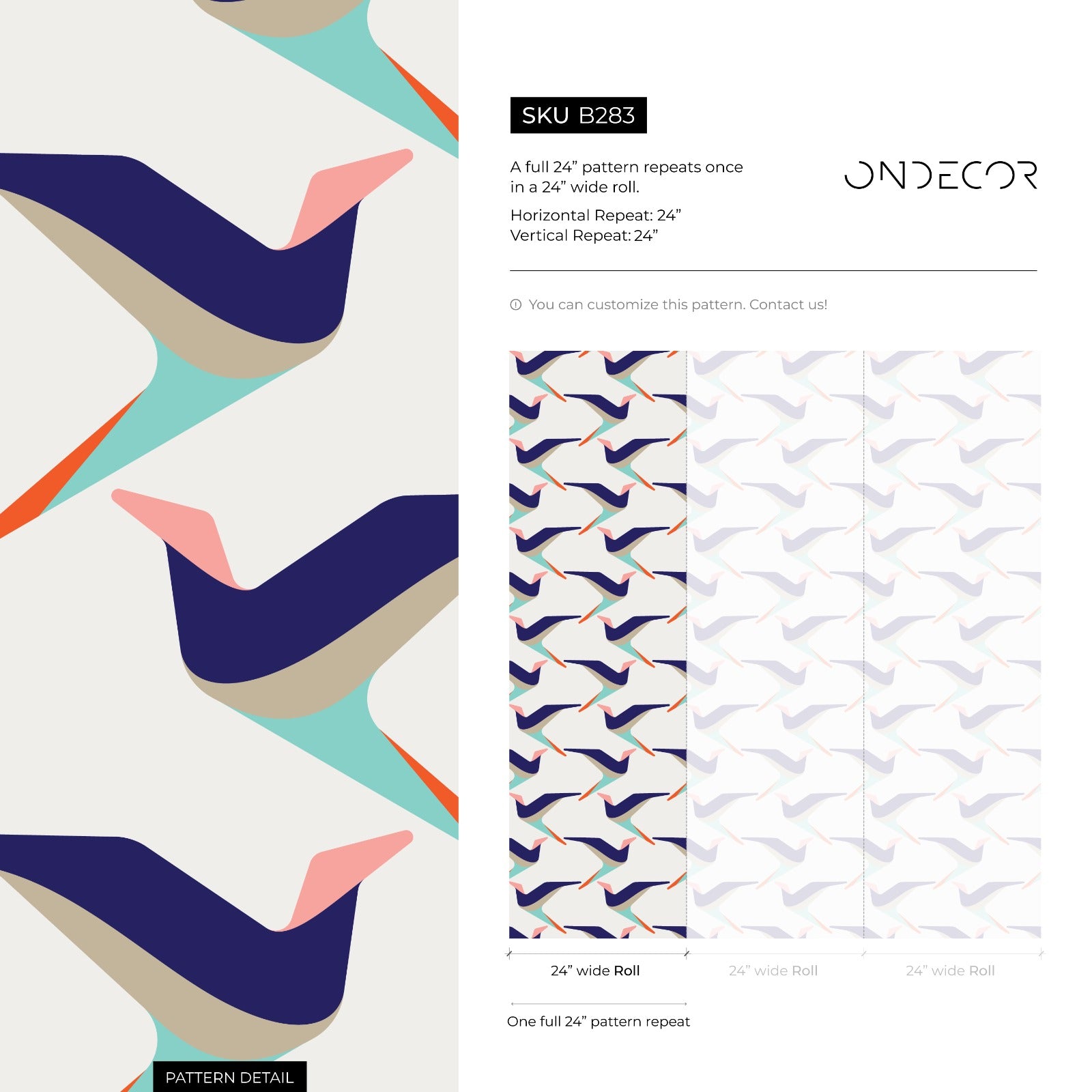 Scandinavian Wallpaper With A Stylized Bird Motif In Blue, Teal, And Orange - B283