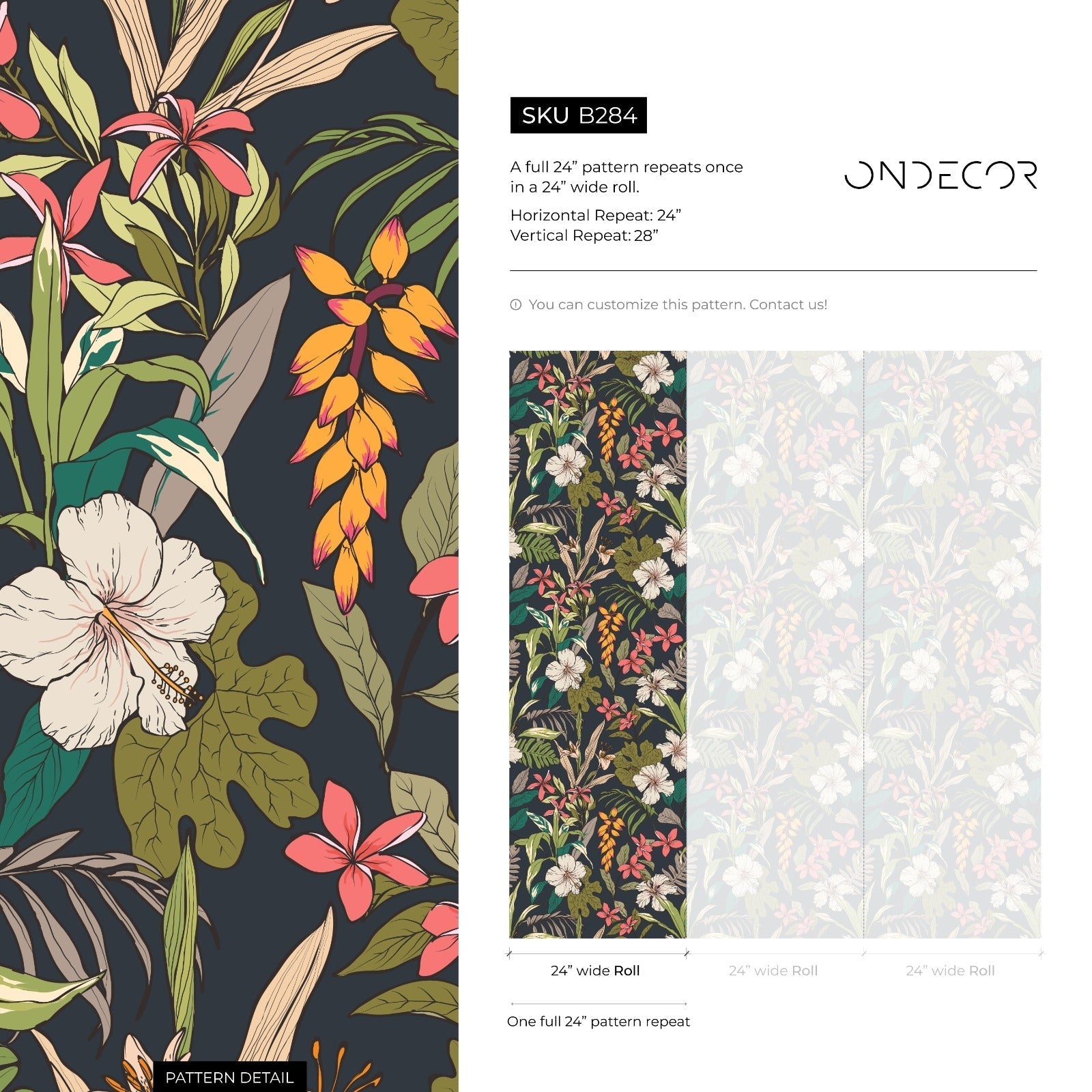 Tropical Wallpaper With Hibiscus Flowers In Dark Blue, Green, And Pink - B284