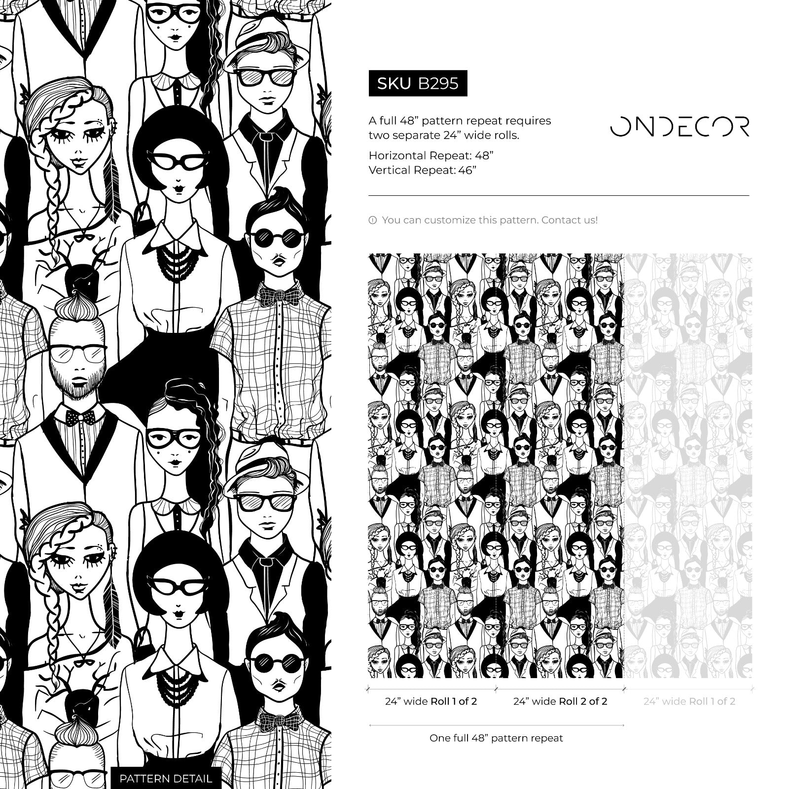 Scandinavian Wallpaper With A Crowd Of Illustrated Faces In Black And White - B295