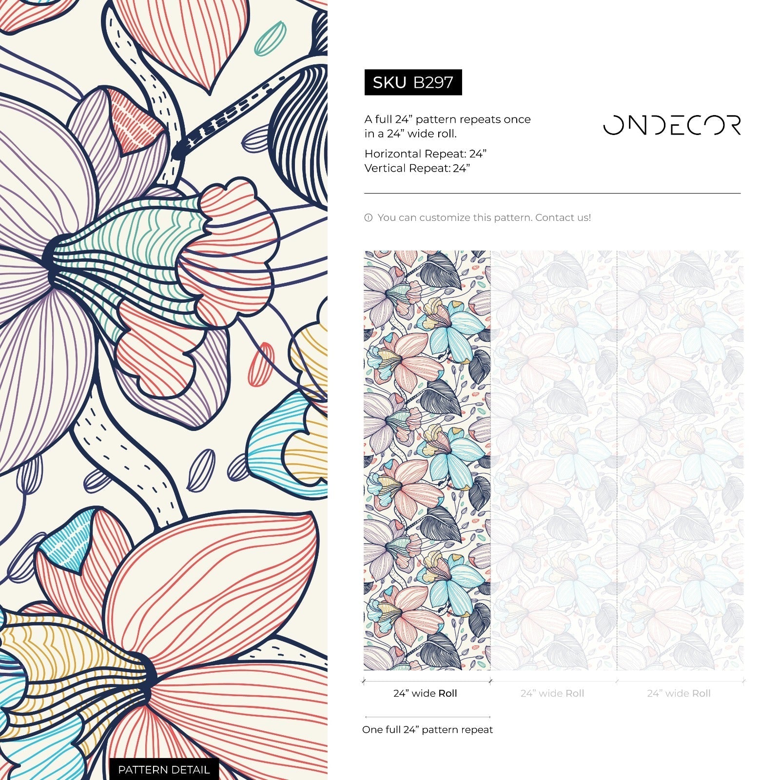 Floral Wallpaper With Stylized Line Art Blooms In Blue, Pink, And Navy - B297
