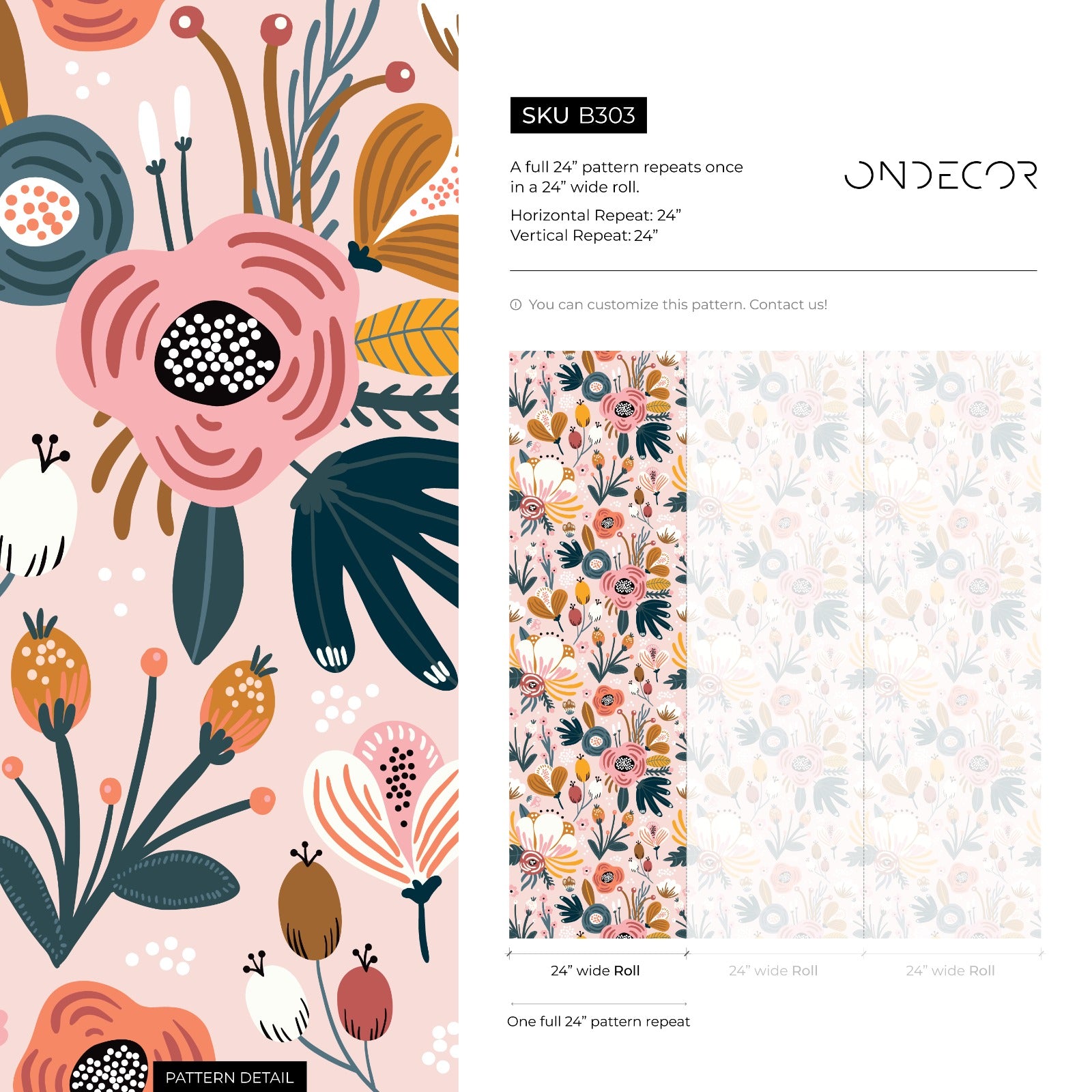 Scandinavian Wallpaper With Folk Art Florals In Pink, Yellow, And Teal - B303