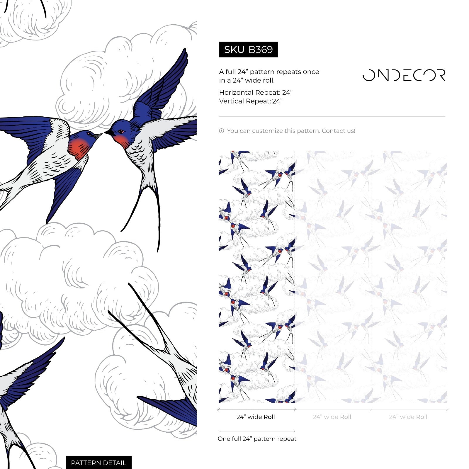 Chinoiserie Wallpaper Featuring Flying Swallows In Blue, Red, And Black - B369