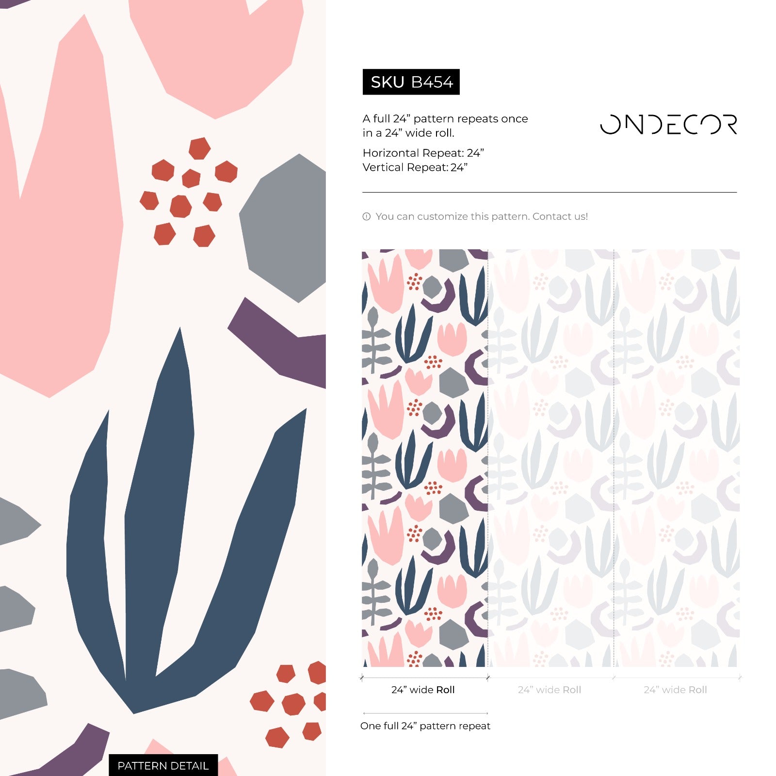 Abstract Wallpaper With Scandinavian Cutout Florals In Blue, Pink, And Grey - B454