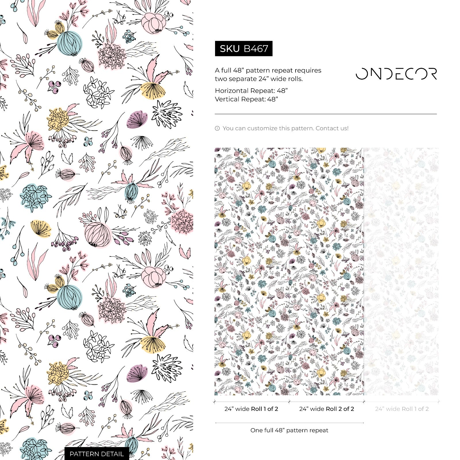 Floral Wallpaper With Hand-drawn Wildflowers In Pink, Blue, And Yellow - B467