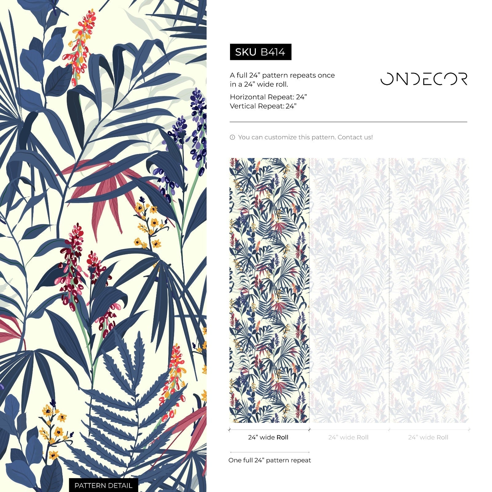 Botanical Wallpaper With Tropical Leaves And Flowers In Blue, Red, And Yellow - B414