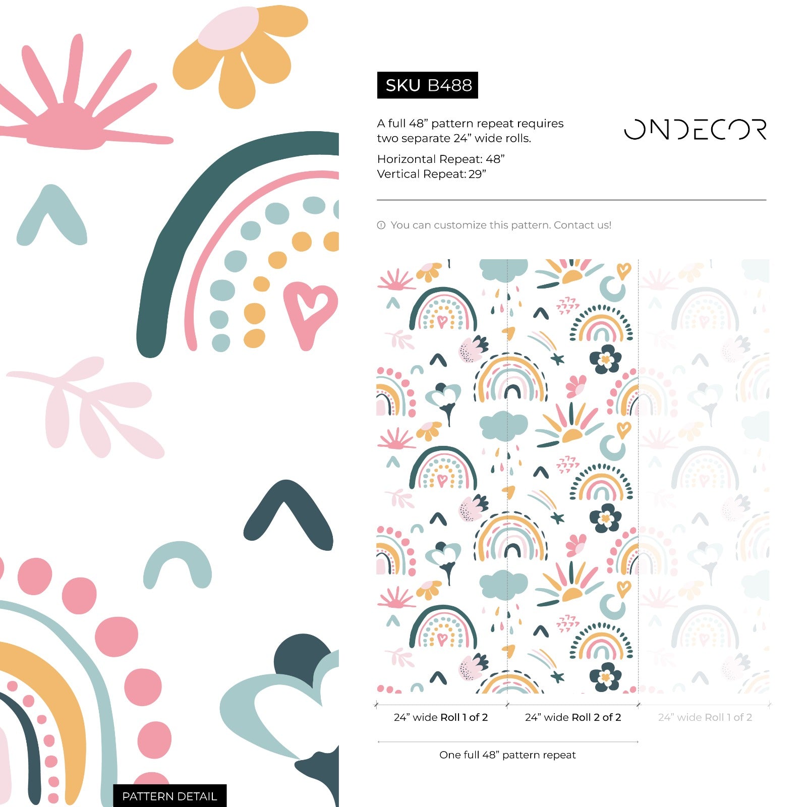 Rainbow Wallpaper With Suns And Clouds In Pink, Teal, And Yellow - B488