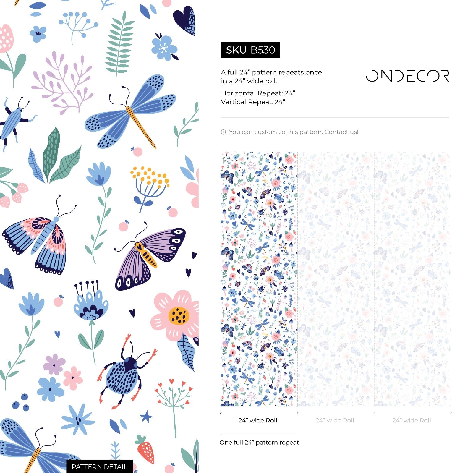 Botanical Wallpaper With Whimsical Butterflies And Wildflowers In Blue And Pink - B530