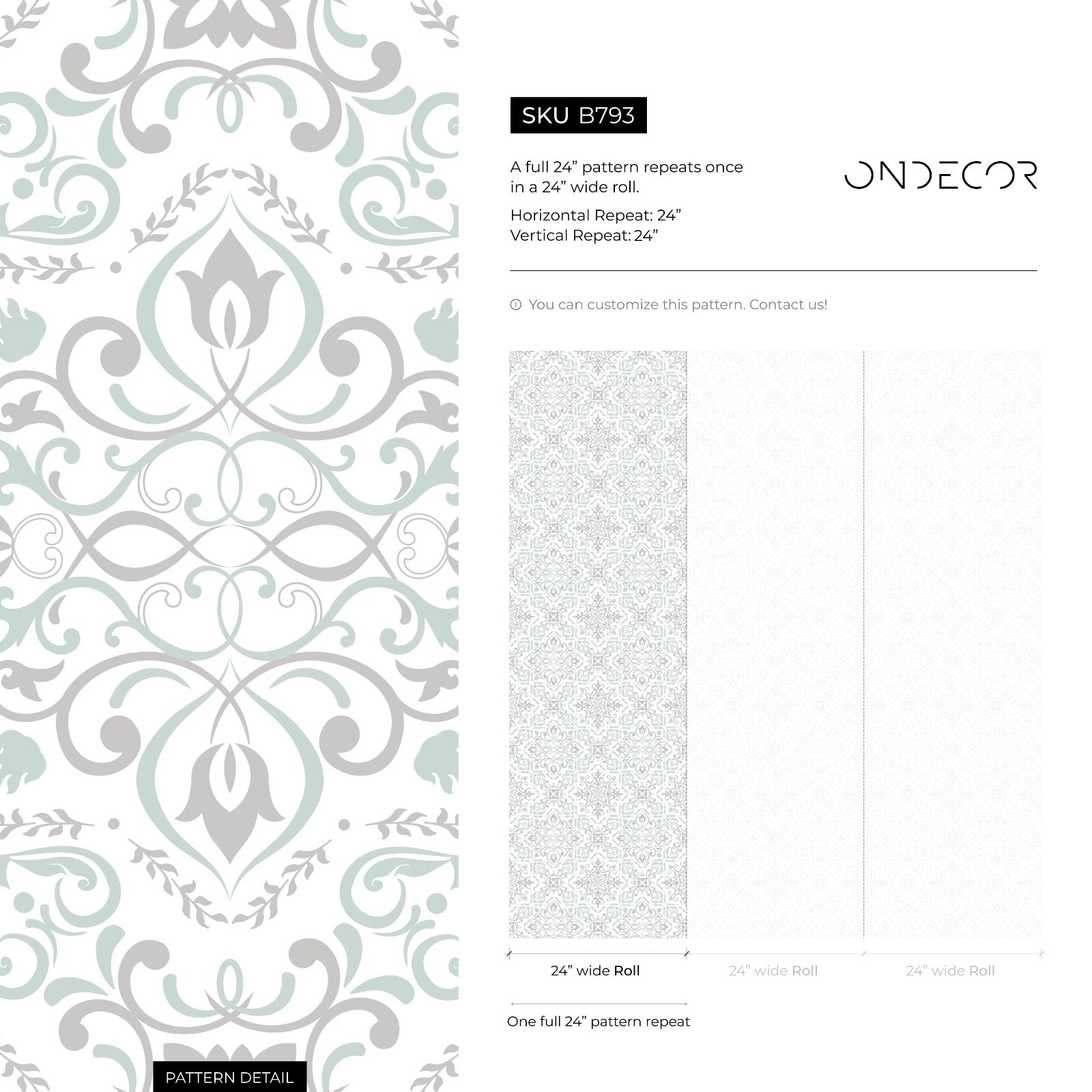 Tile Wallpaper With An Ornate Damask Motif In Sage Green And Gray - B793