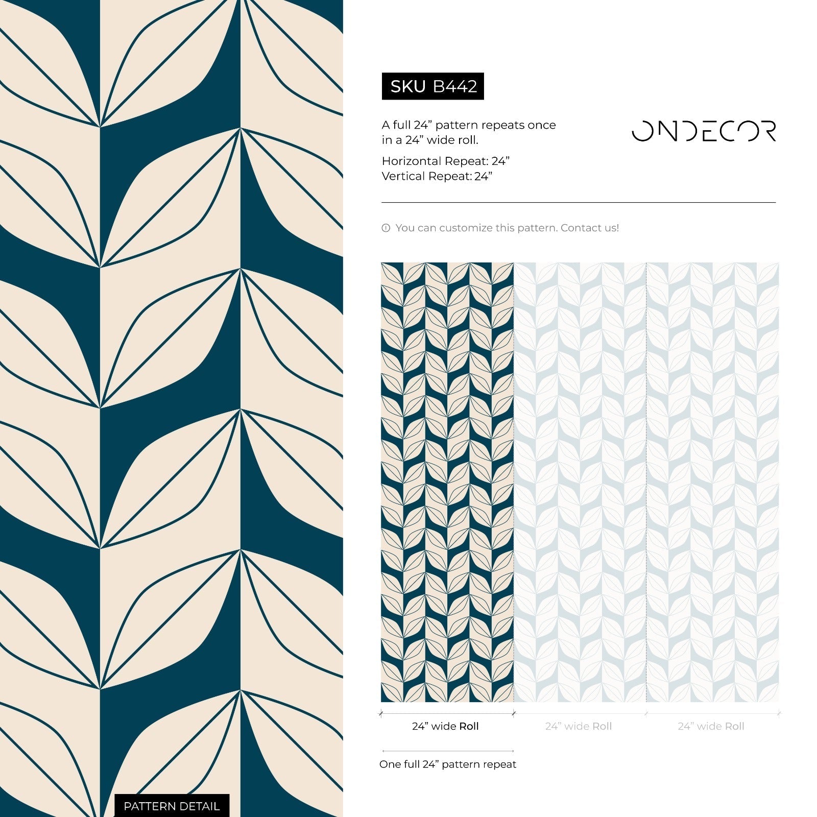 Geometric Wallpaper With A Stylized Leaf Motif In Teal And Beige - B442