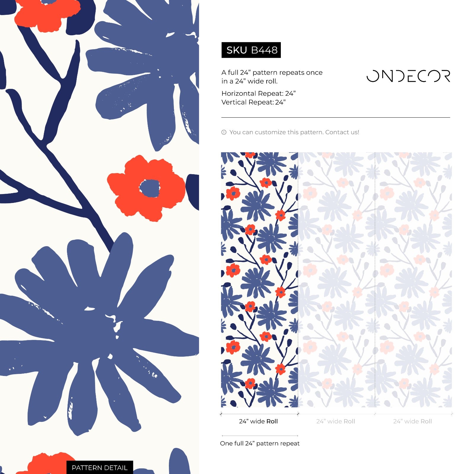 Floral Wallpaper Featuring A Painterly Print In Blue And Red - B448