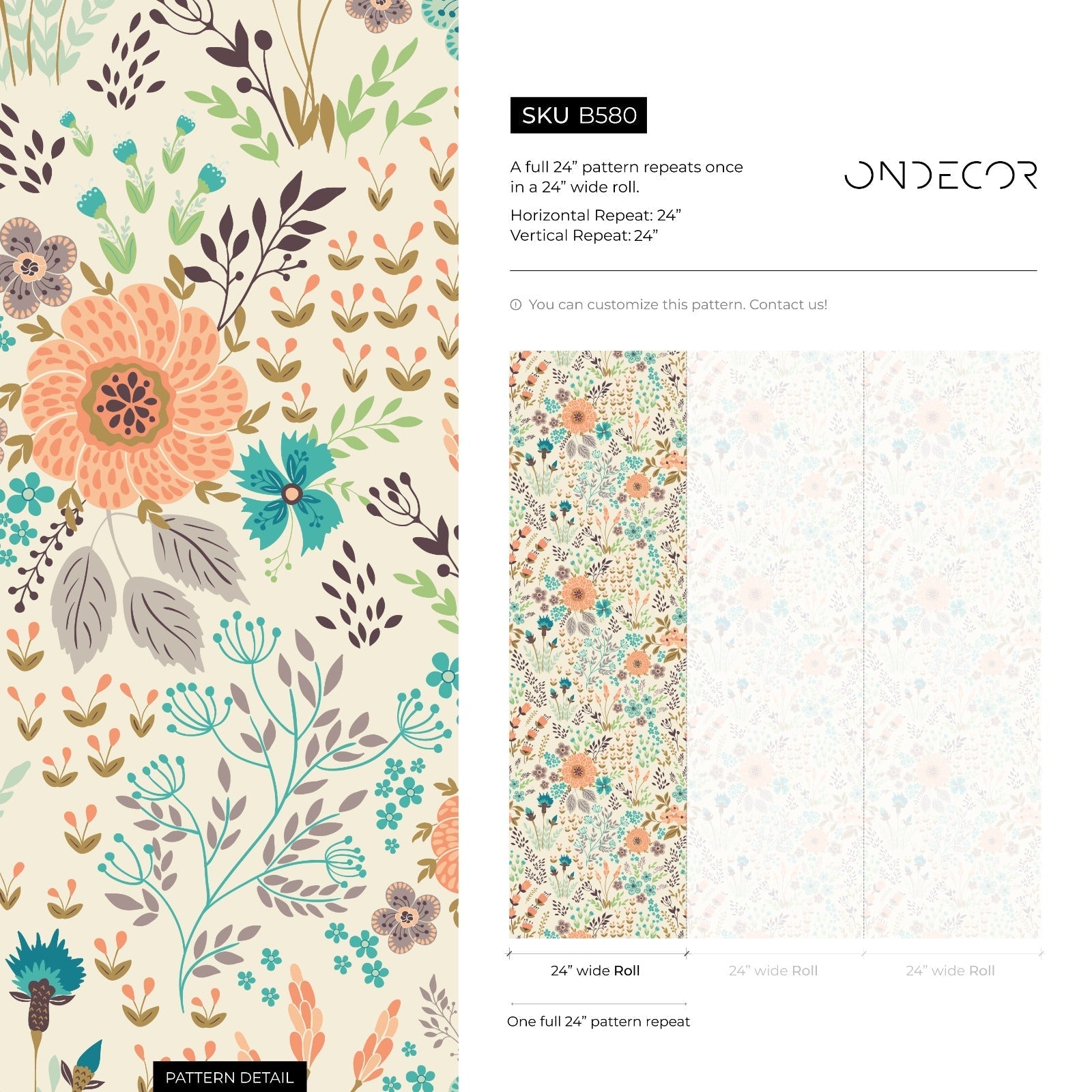 Floral Wallpaper With A Whimsical Meadow Motif In Coral, Teal, And Purple - B580
