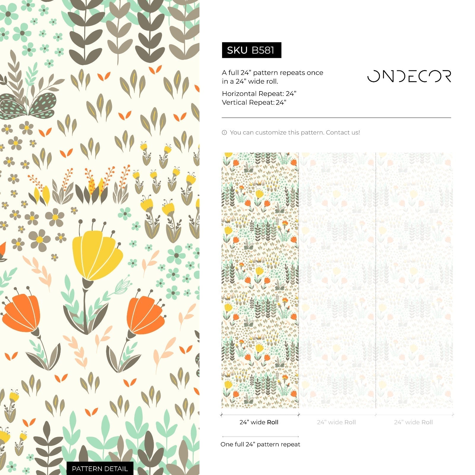 Floral Wallpaper With A Stylized Meadow In Orange, Yellow, And Green - B581