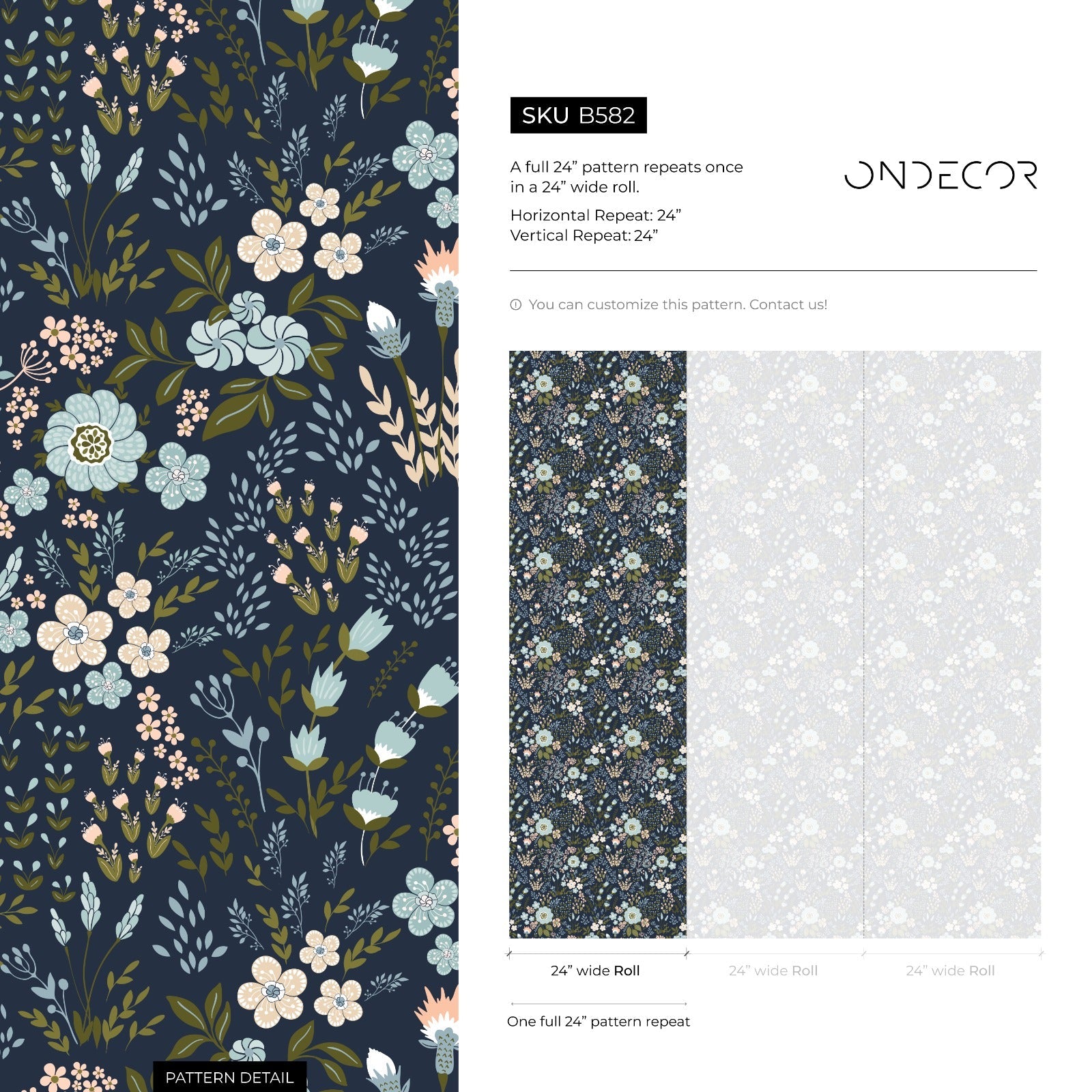 Botanical Wallpaper With A Folk Art Floral Motif In Navy, Blue, And Pink - B582