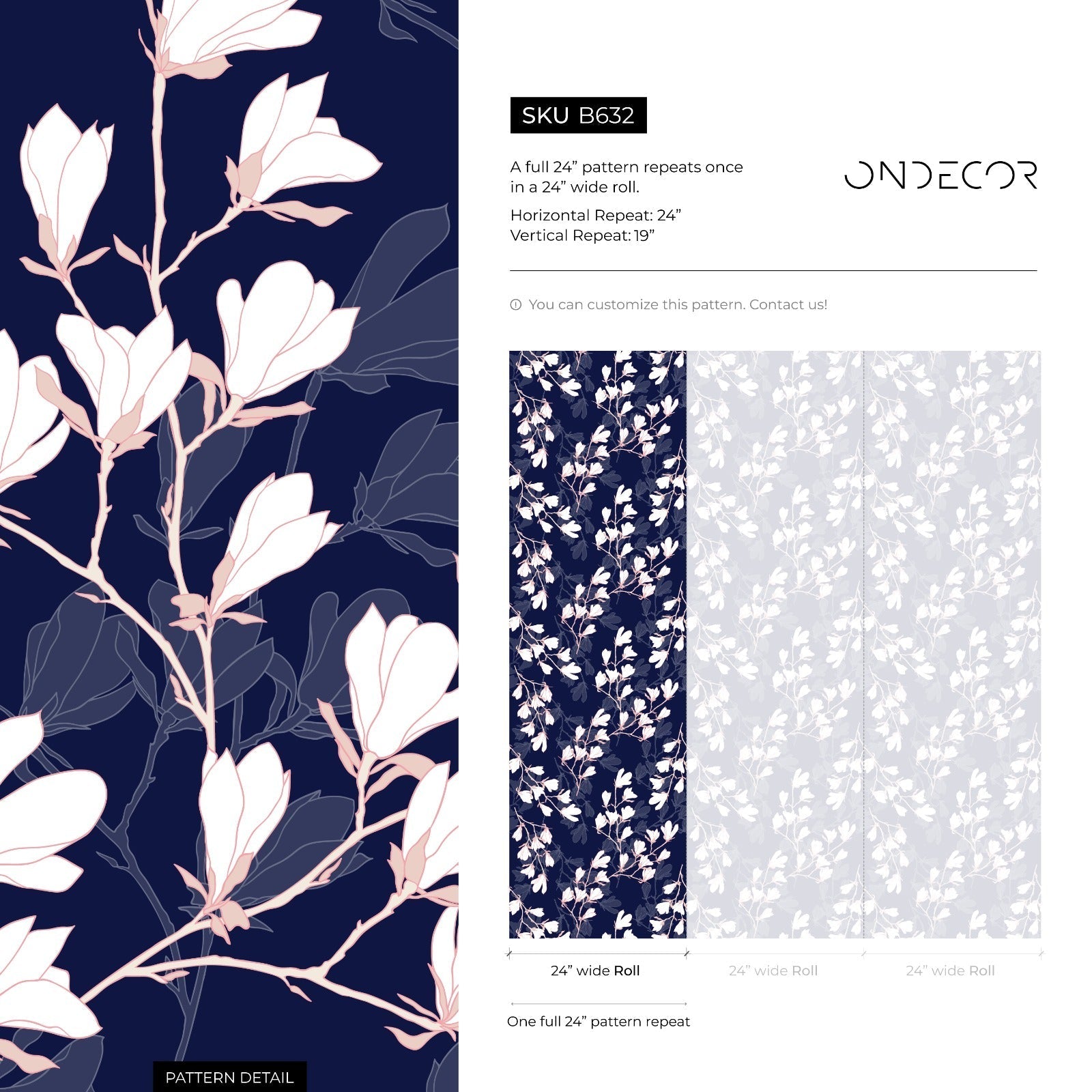 Floral Wallpaper With Magnolia Blossoms In Navy Blue And White - B632