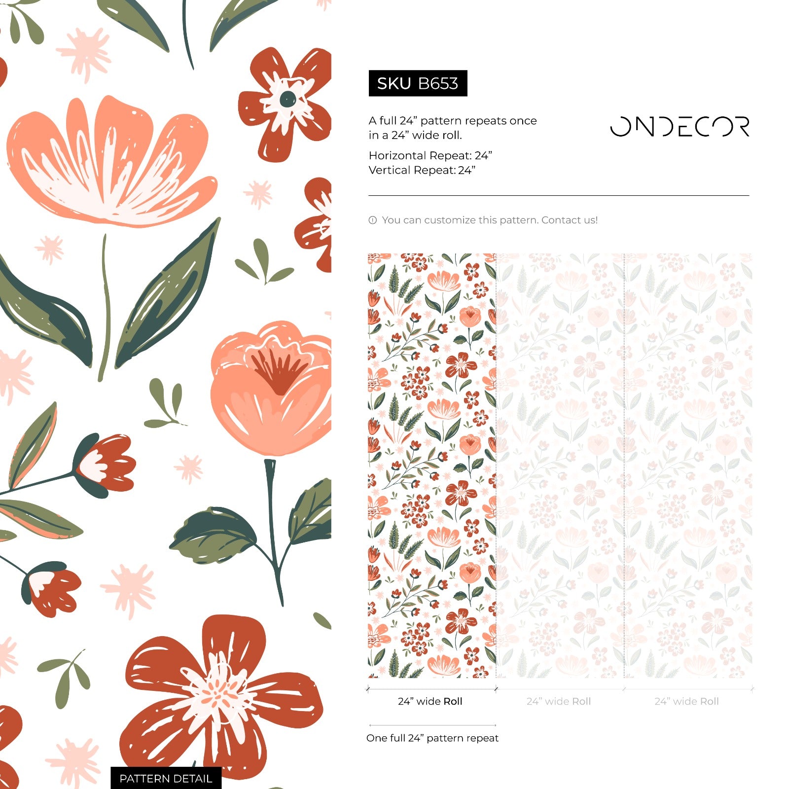 Floral Wallpaper With A Folk Art Motif In Terracotta, Peach, And Green - B653