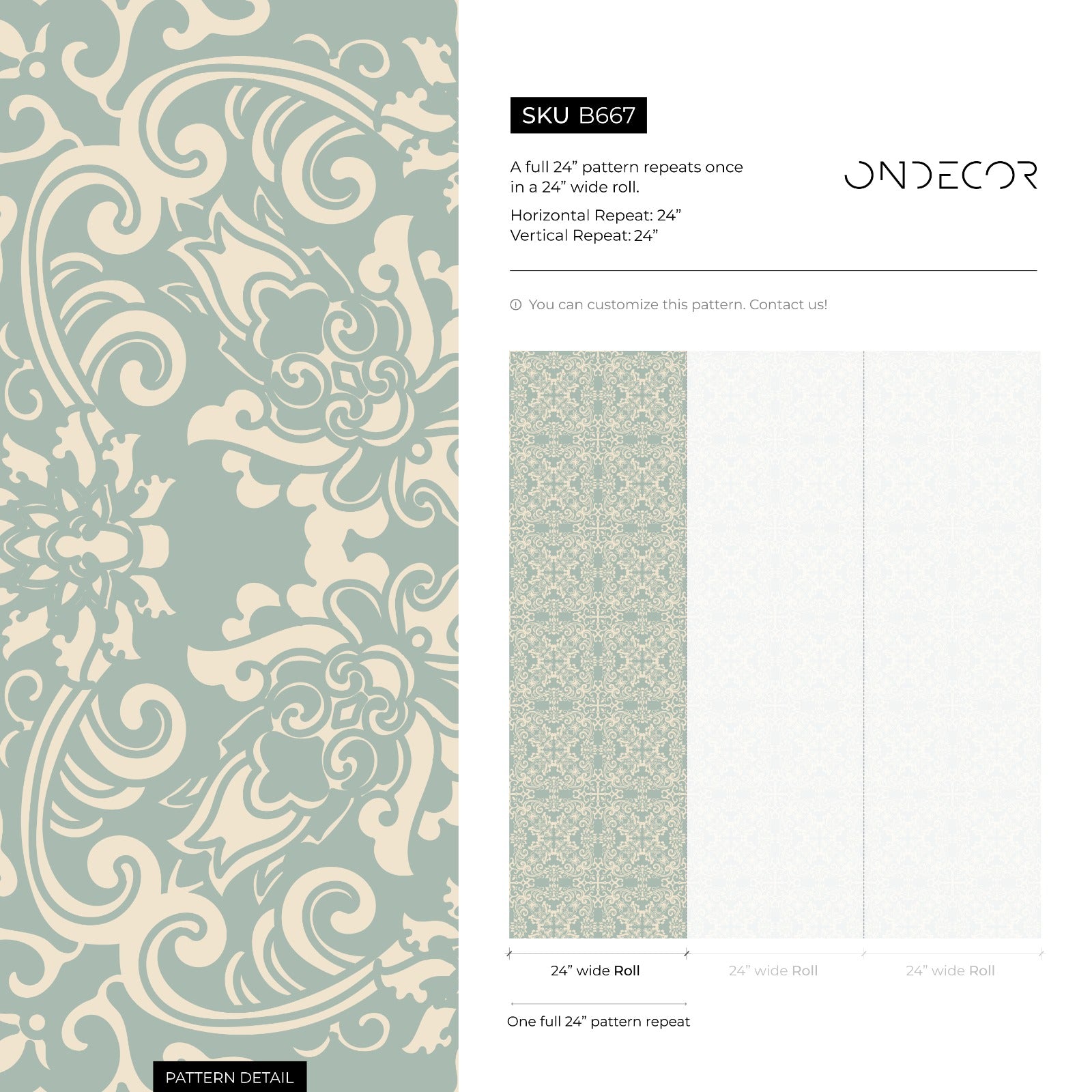 Damask Wallpaper With An Ornate Vintage Pattern In Sage Green And Cream - B667