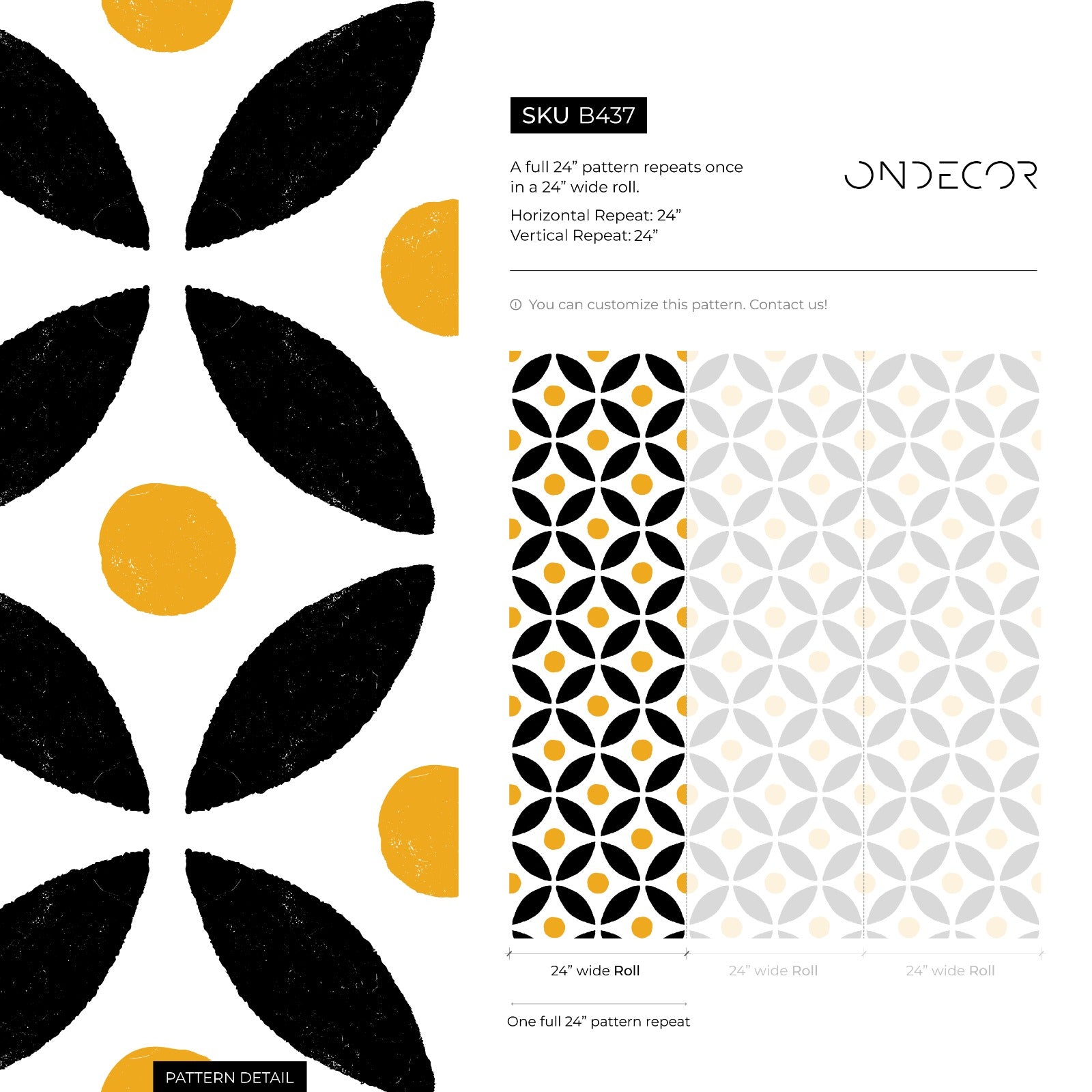 Geometric Wallpaper With A Stamped Petal Grid In Black And Yellow - B437