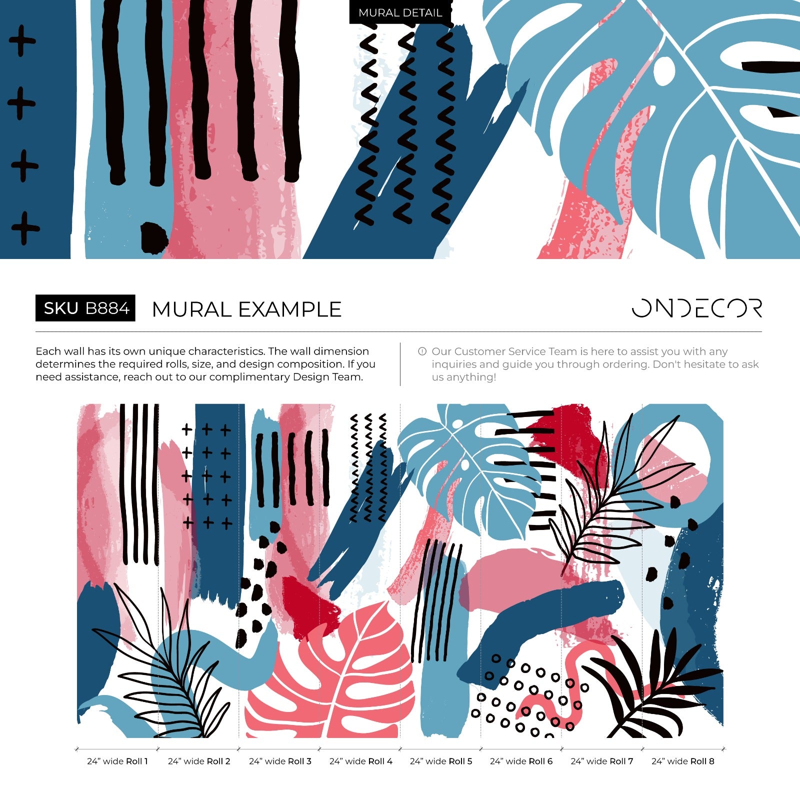 Abstract Wallpaper With Botanical Motifs In Pink, Blue, And Black - B884