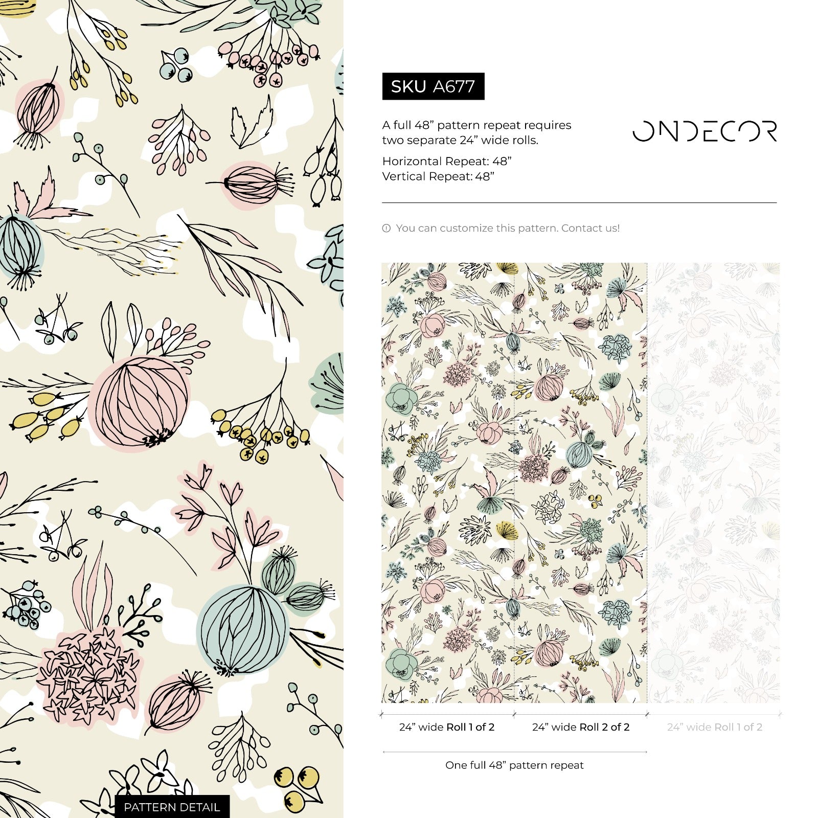 Floral Wallpaper With A Whimsical Hand-drawn Motif In Pink, Teal, And Yellow - A677