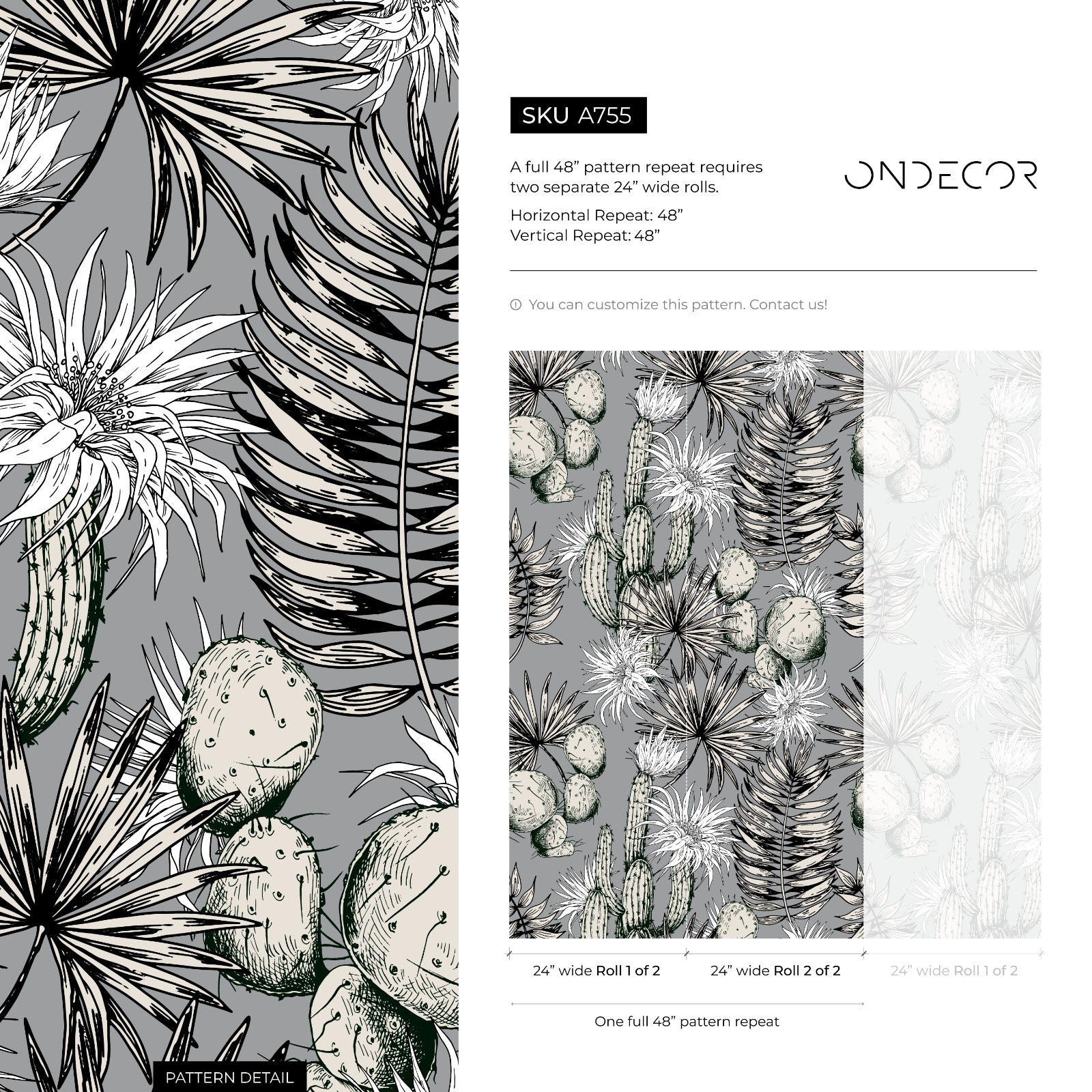 Botanical Wallpaper With A Vintage Cactus Illustration In Black, White, And Gray - A755