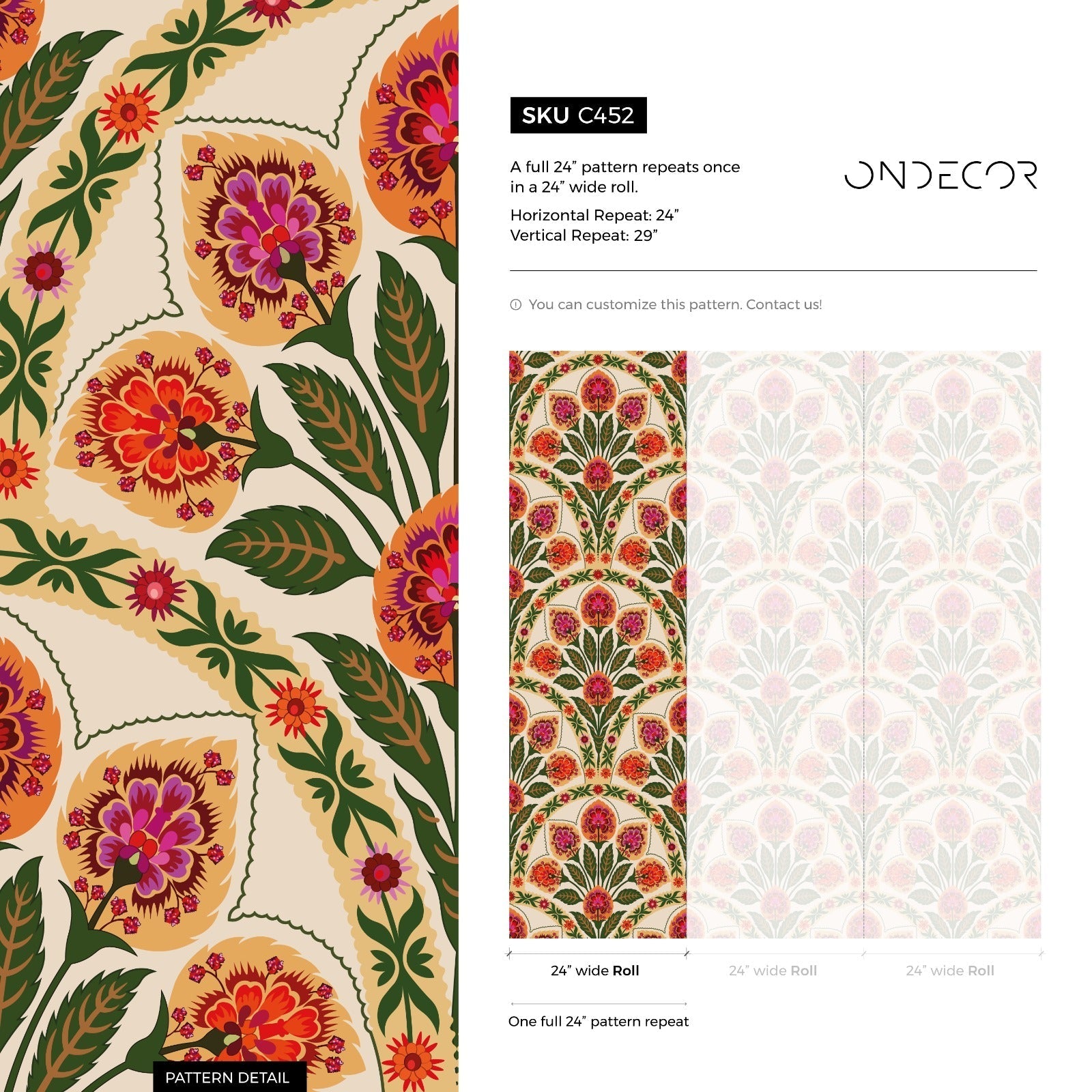 Art Nouveau Wallpaper With Stylized Florals In Green, Orange, And Pink - C452
