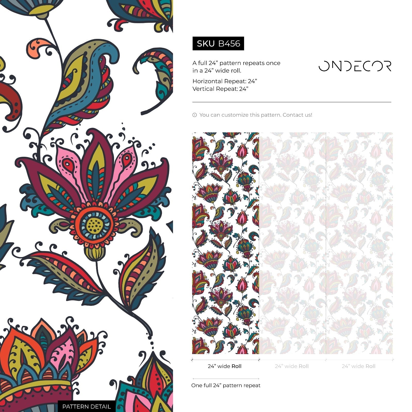 Floral Wallpaper With Ornamental Blooms In Red, Teal, And Pink - B456