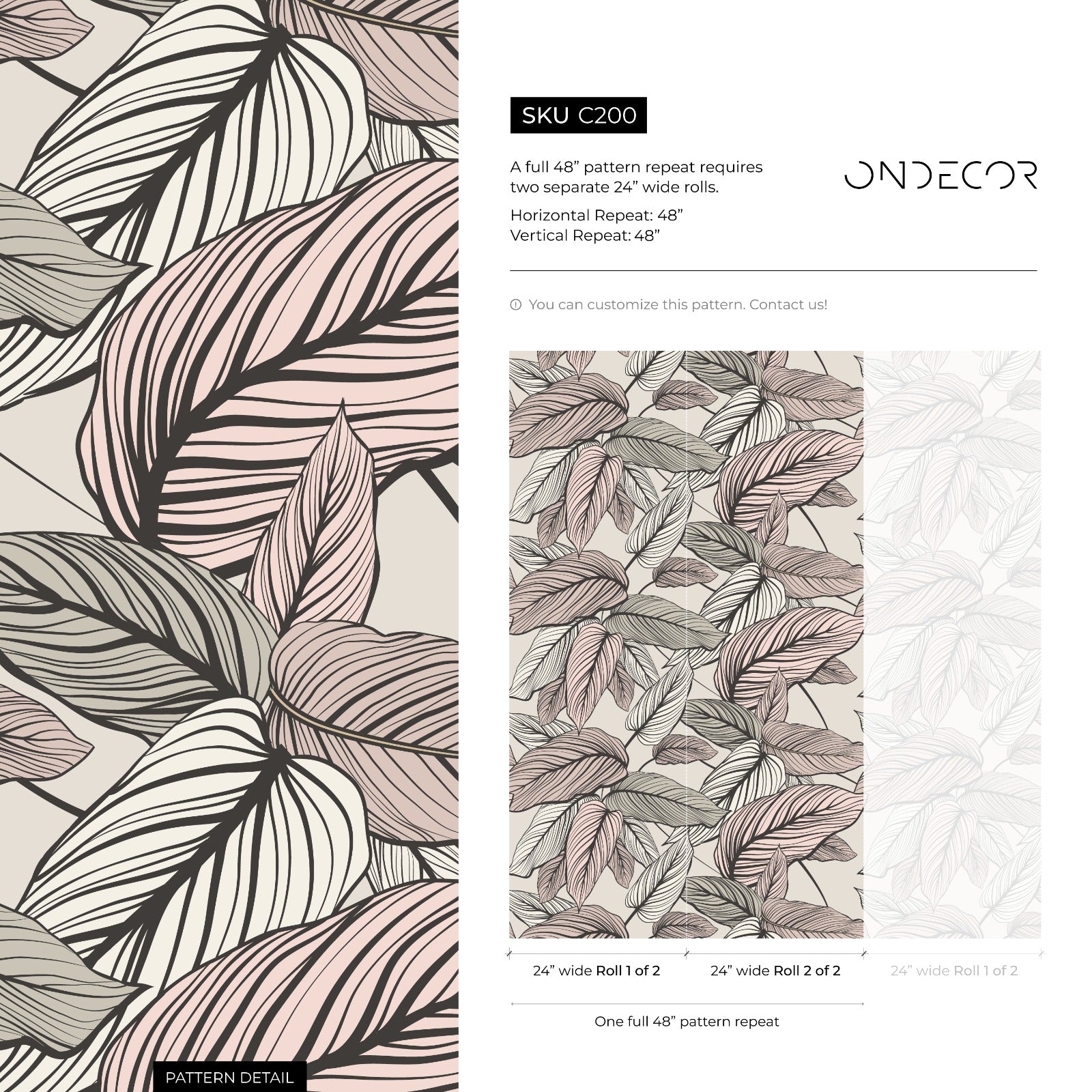 Botanical Wallpaper With Lined Calathea Leaves In Pink, Beige, And Black - C200