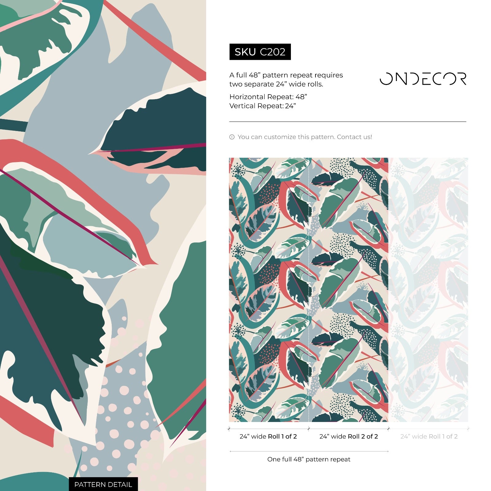 Botanical Wallpaper With Abstract Tropical Leaves In Green, Coral, And Blue - C202