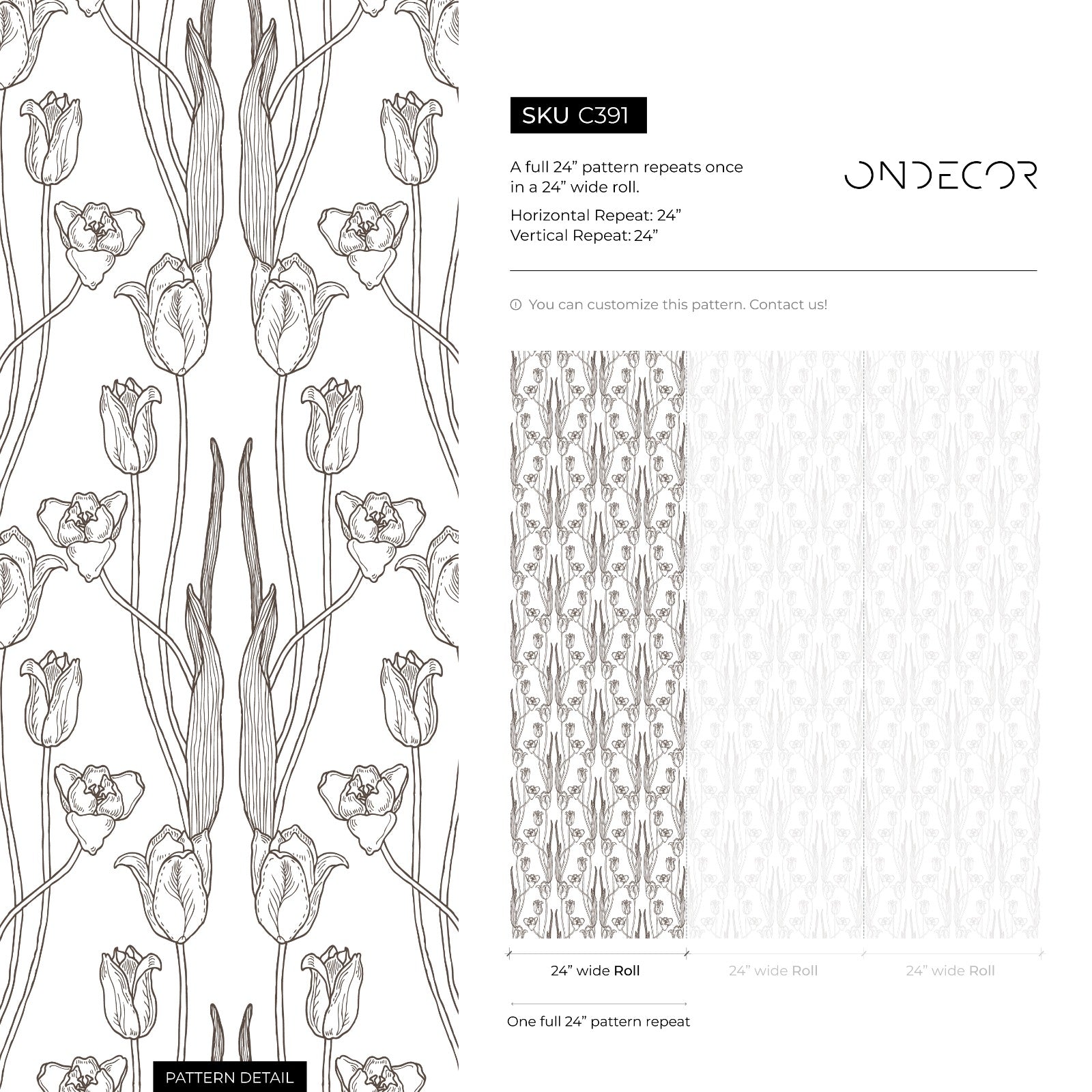Floral Wallpaper With Vintage Tulip Line Art In Black And White - C391