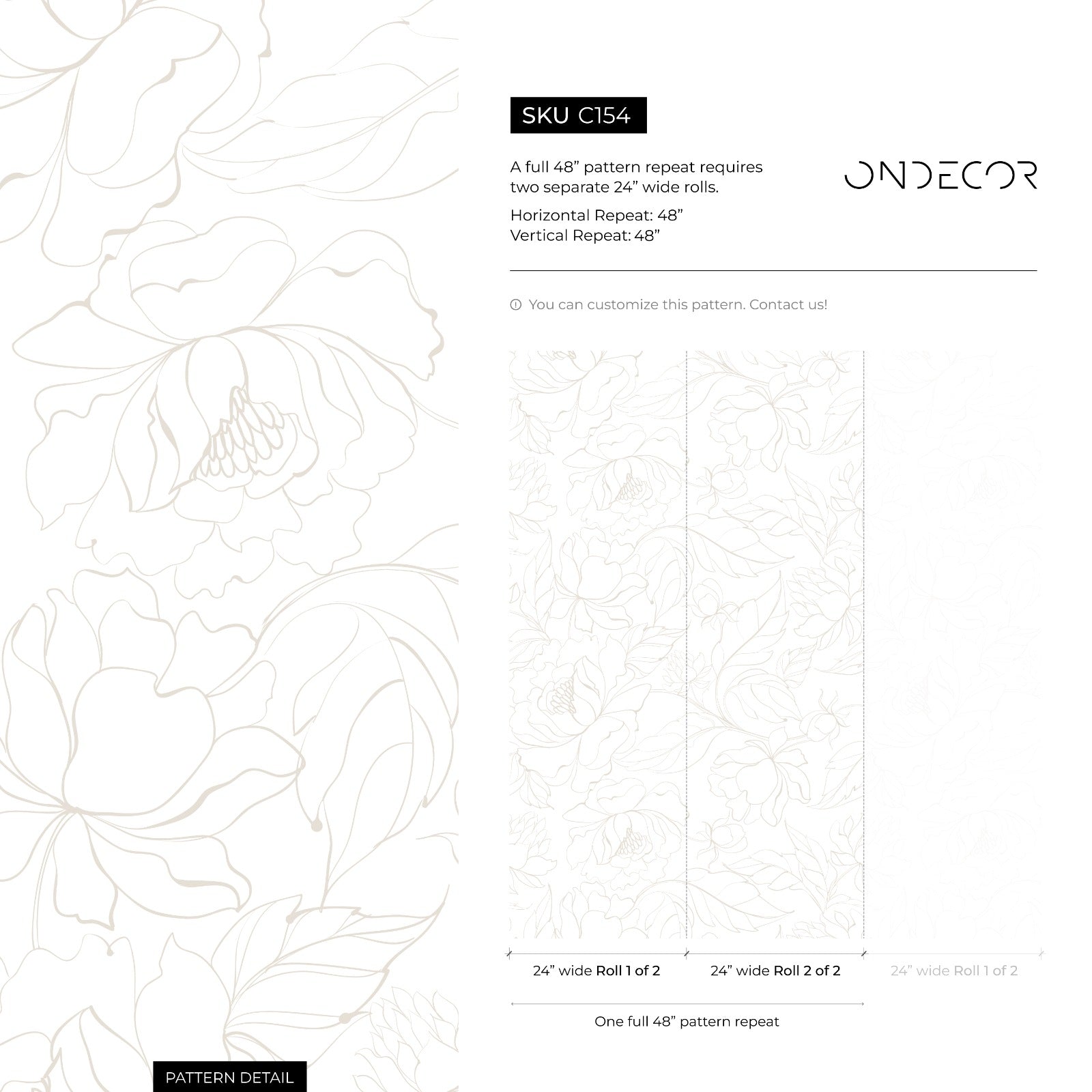 Floral Wallpaper With Peony Line Art In Beige - C154