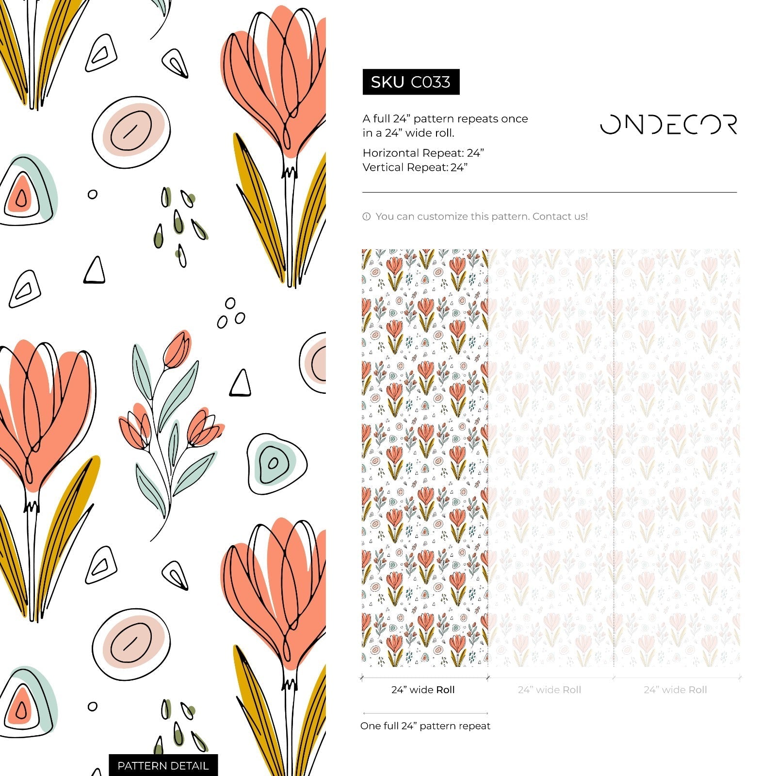 Scandinavian Wallpaper With Stylized Tulips In Coral, Teal, And Mustard Yellow - C033