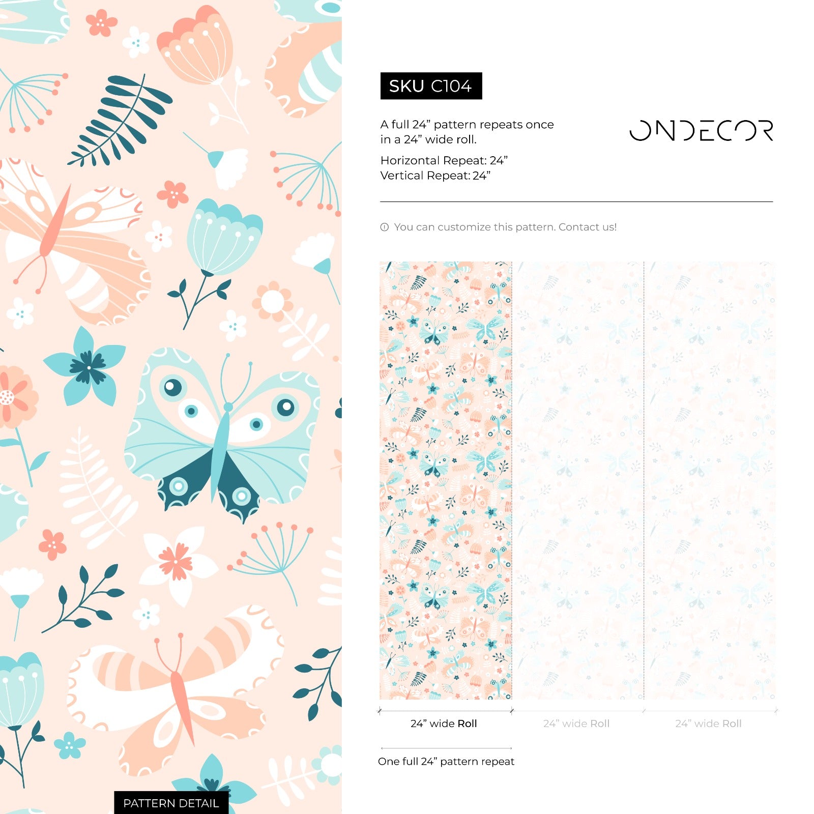 Scandinavian Wallpaper With Folk Art Butterflies In Peach And Teal - C104