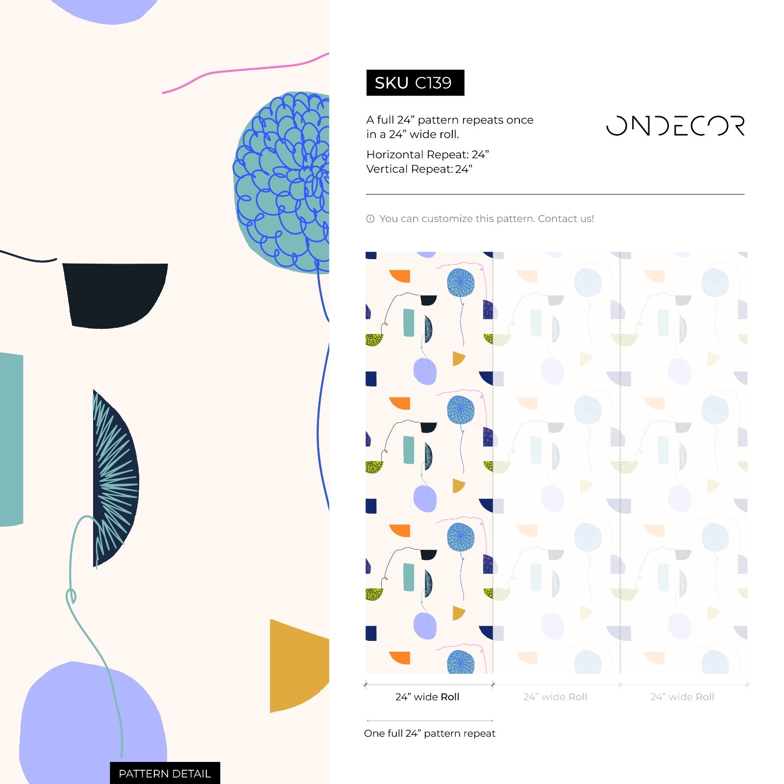 Abstract Wallpaper With Stylized Florals In Blue, Orange, And Lavender - C139