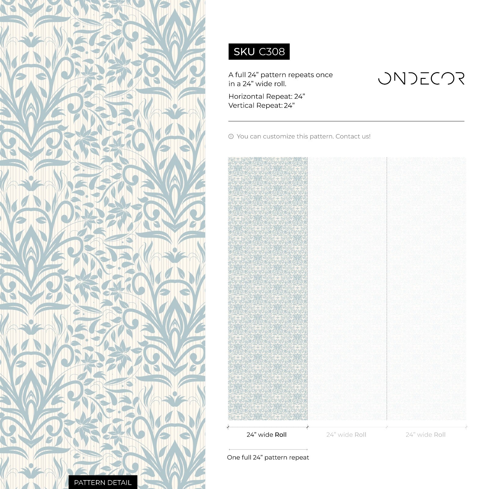 Damask Wallpaper With An Intricate Foliage Motif In Blue And Beige - C308