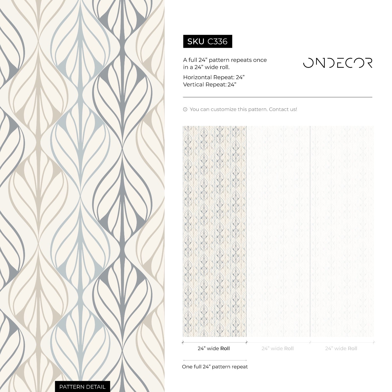 Art Deco Wallpaper With A Stylized Leaf Motif In Beige, Blue, And Gray - C336