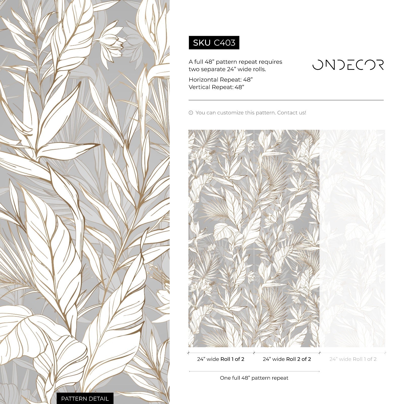 Tropical Wallpaper With Line Art Foliage In Gray, Gold, And White - C403