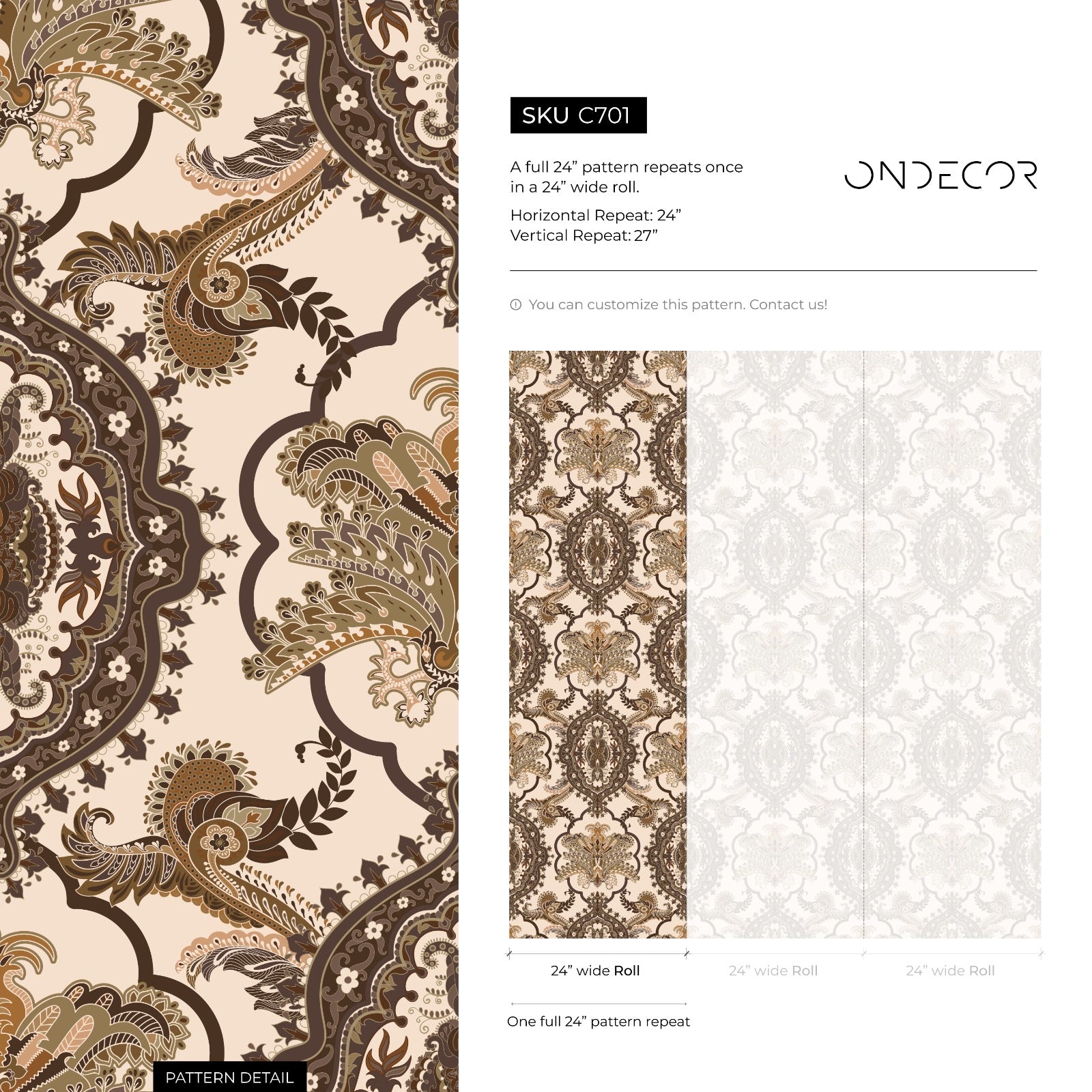 Victorian Wallpaper With An Ornate Paisley Damask Motif In Brown And Gold - C701