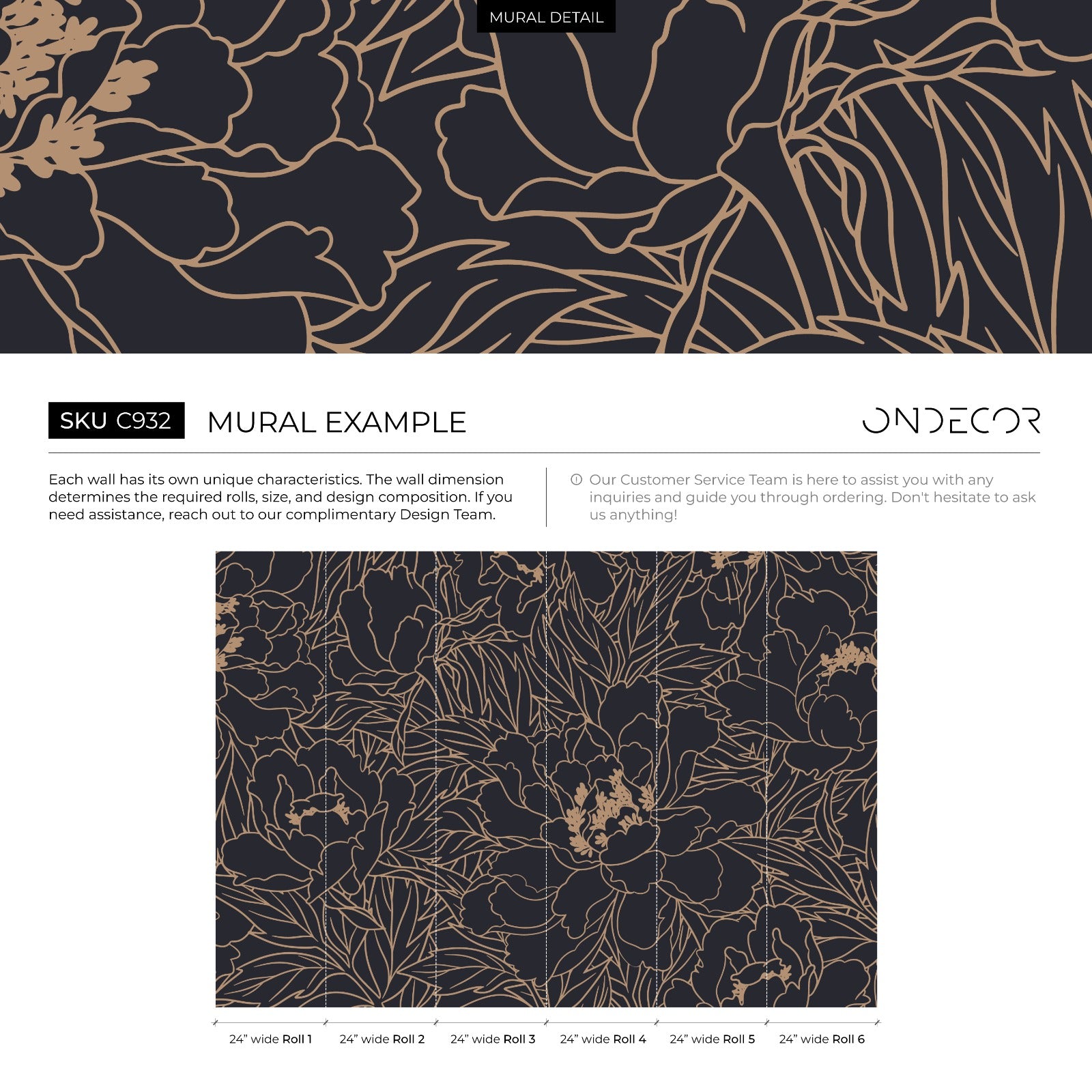 Floral Wallpaper With Elegant Line Art Peonies In Dark Blue And Gold - C932