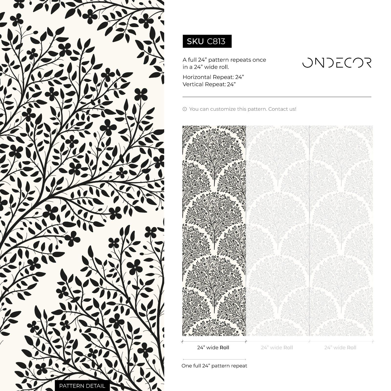 Floral Wallpaper With A Stylized Tree Motif In Black And Beige - C813