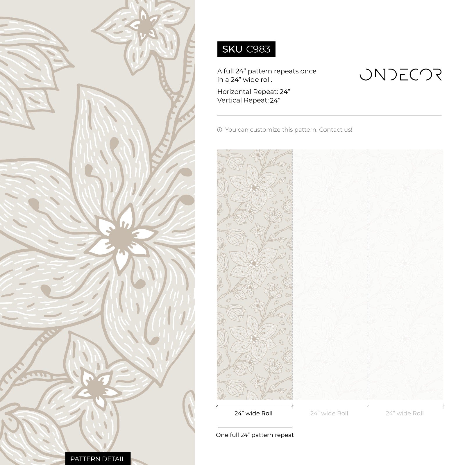 Floral Wallpaper With A Minimalist Line Art Motif In Taupe And Beige - C983